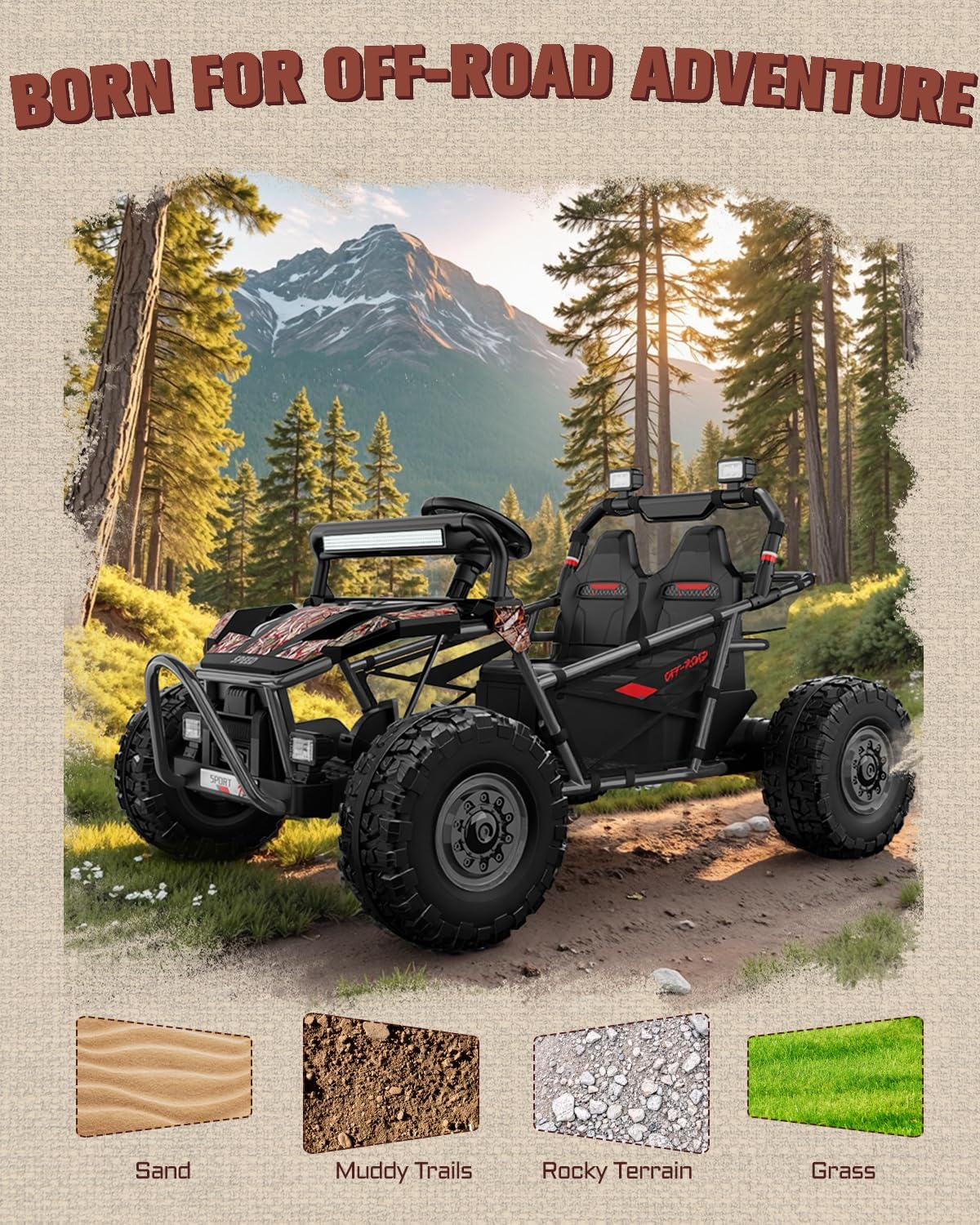 First Ride On 36V Kids Ride On UTV, 2-Seater 400W Electric Car for Kids 6+, 5-8 MPH Speed, 14" EVA Wheels, Metal Frame, Bluetooth Music, Rear Metal Suspension Off-Road Vehicle (Black Camo)