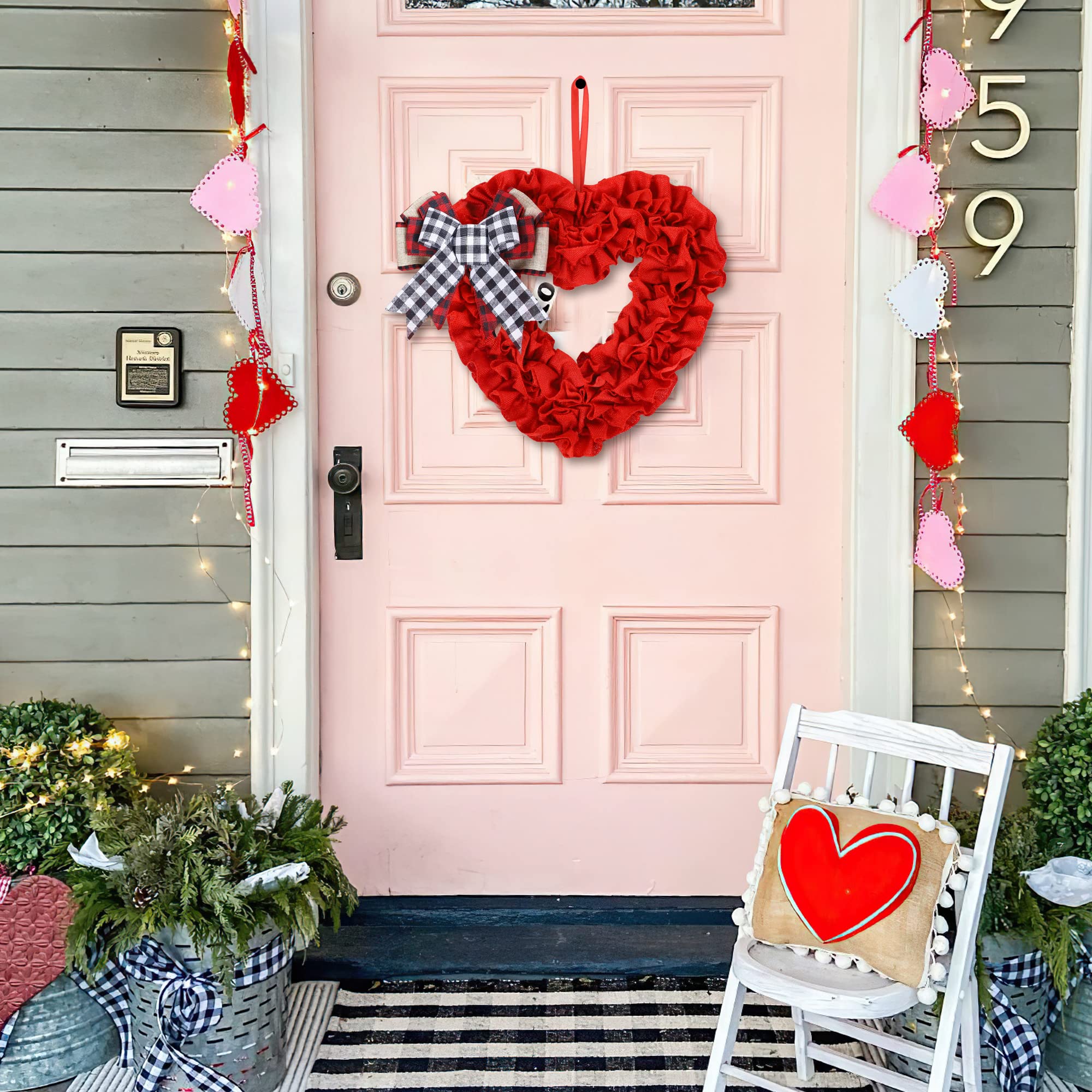 Grande Fiocco Per Ghirlanda San Valentino – Quadri Rosa Con Cuori Rossi – Tessuto Iuta – Decorazioni Fai Da Te - 6
