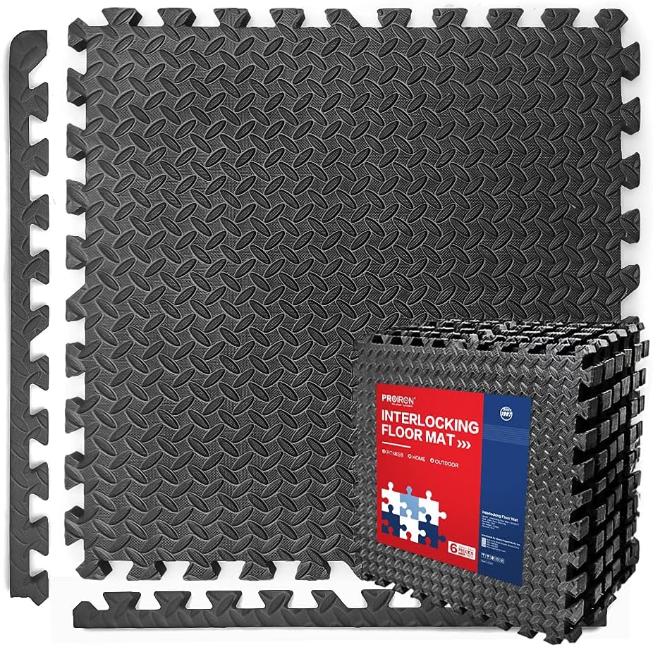 PROIRON Extra Thick 2cm Gym Floor Mats - Large 60 X 60cm - Interlocking Floor Tiles Gym Flooring Mats Home Garage - Thicker Rubber than Regular Foam Floor Tiles for Heavy Equipment - 6 PCS (24 Sq Ft)