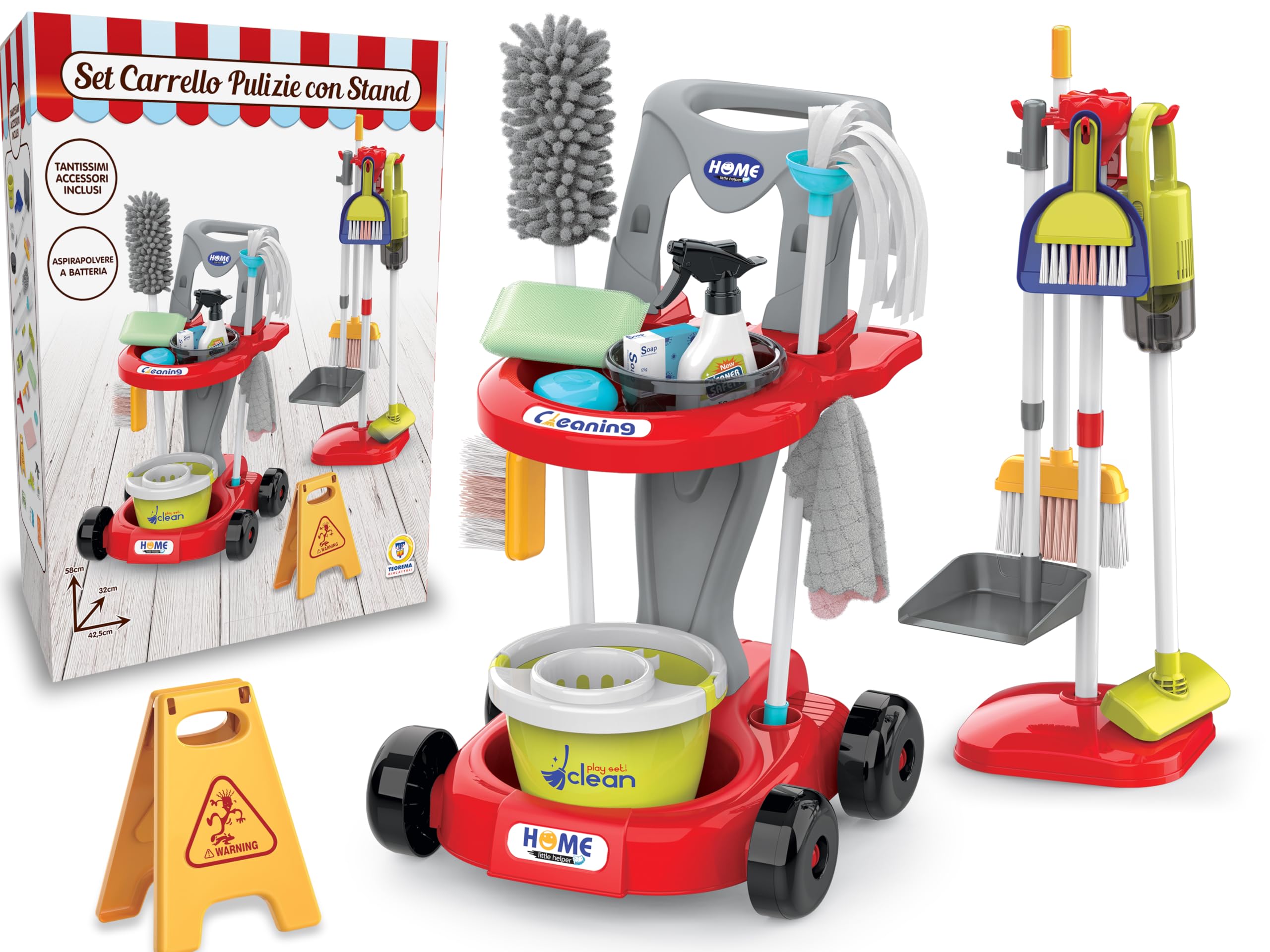 Teorema Giocattoli, Wagen für Kinder mit Werkzeugständer, komplettes Reinigungsset mit funktionierendem Akkusauger, Besen, Mopp und viel Zubehör, Nachahmungsspiel, 58 cm