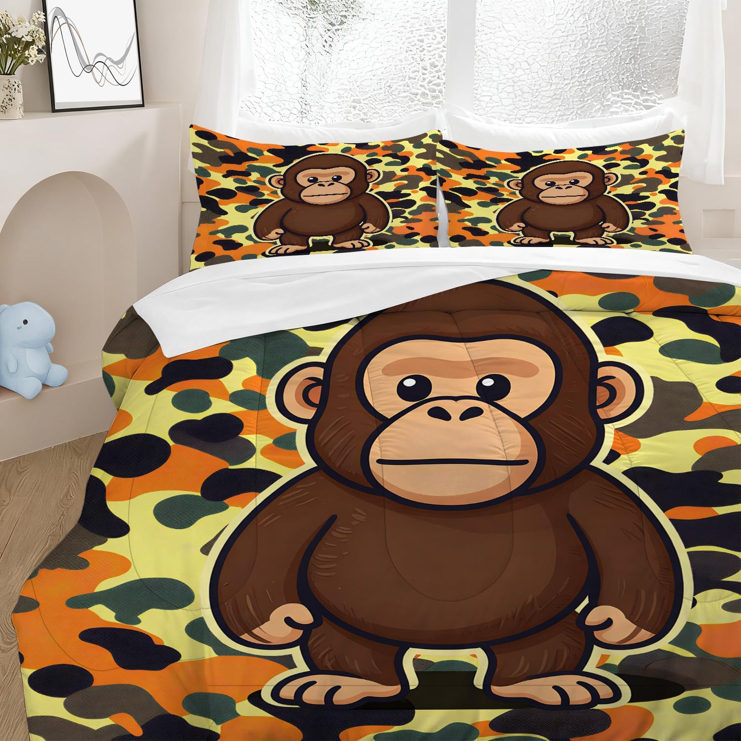 Camouflage Monkey Bedding Set Cute Cartoon Monkey Camo Comforter Set Full/Queen Bed Set Quilt for Kids Teens Boys Bedroom Decor Militarily Tie Dye Duvet 1 Comforter+ 2 Pillowcases
