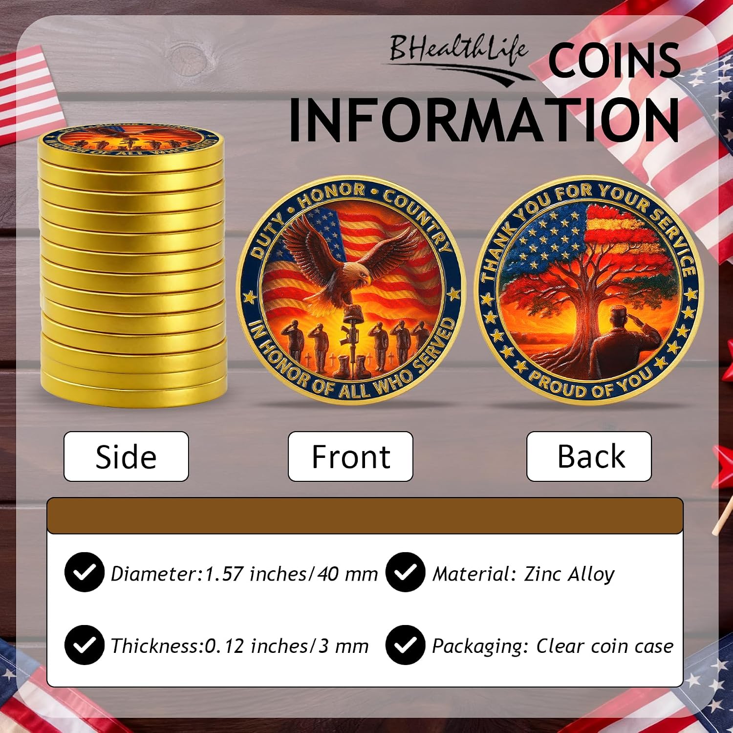 BHealthLife Veterans Coins for Honoring All Who Served - Bulk Thank You for Your Service Coins with US Flag Tree Design - Memorial Day Veterans Day Gifts for Veterans Military Gifts for Men