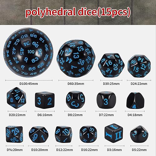 Miniatura 2 de CiaraQ DND Juego de dados poliédricos (15 piezas) D3-D100 dados de juego con bolsa de dados para juegos de mesa de Calabozos y Dragones (negro y