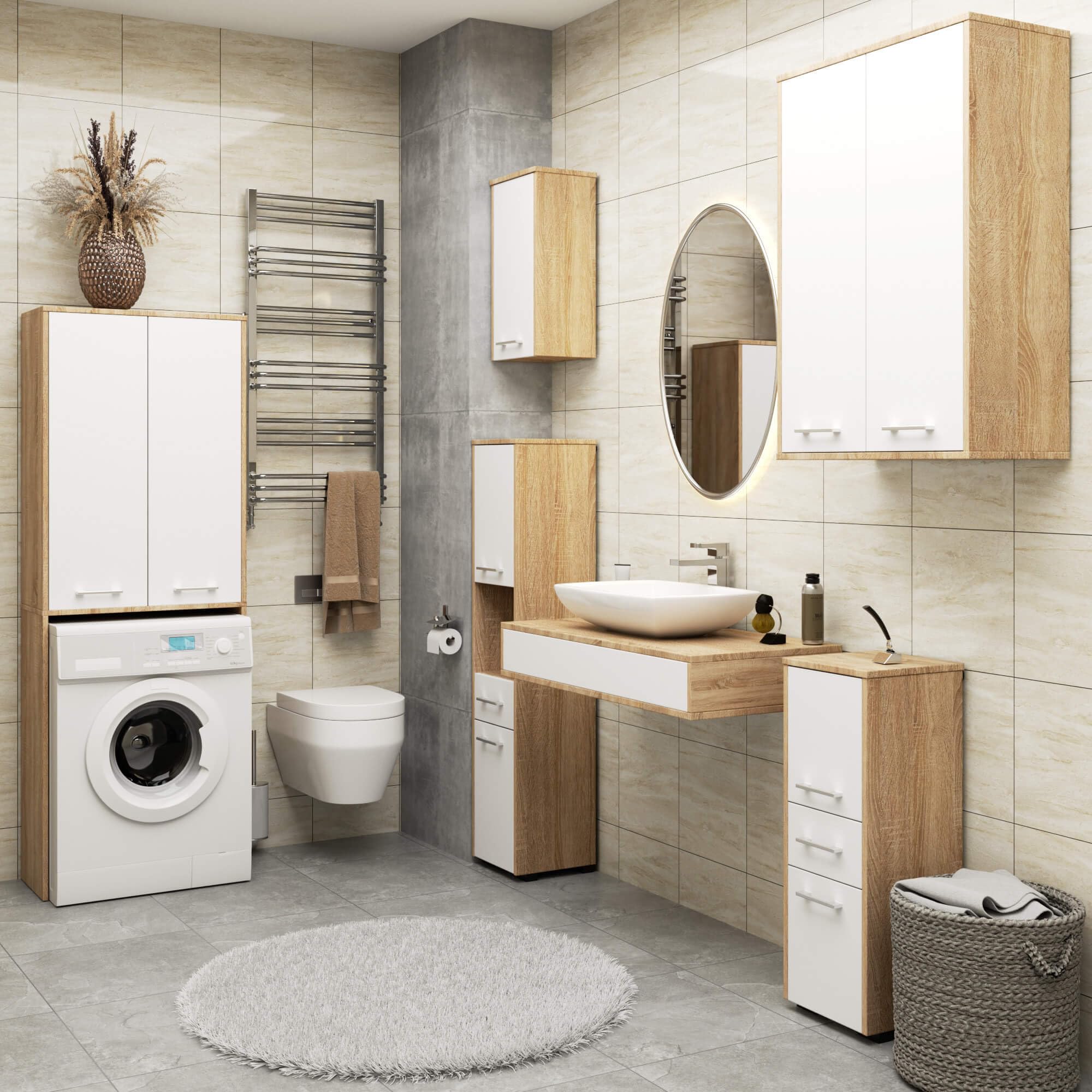 AKORD Meuble Salle de Bain Suspendu Fin 64 cm - 2 Portes, 4 Étagères - Armoire Murale 64x94x30 cm - Meuble Haut WC - Compact, Moderne - Idéal pour Petits Espaces - Chêne de Sonoma & Blanc