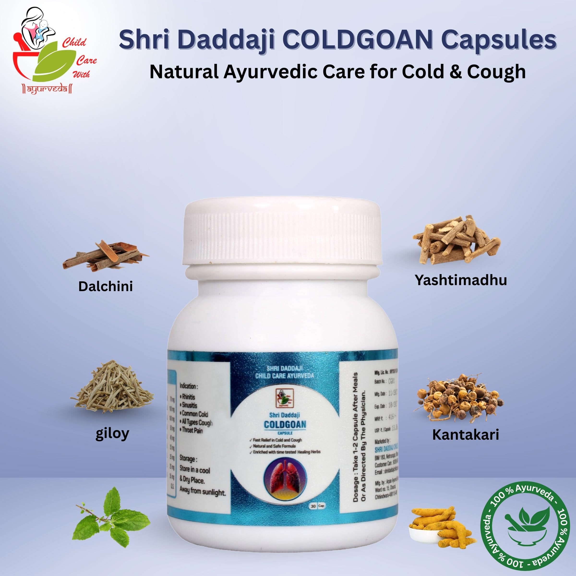 COLDGOAN Capsules, Natural Ayurvedic Medicine for Cold,Cough & Sinusitis Relief, Relief from Throat Pain & Common Cold, Herbal Supplement, 30 Count — Amazon image 2