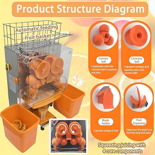 Miniatura 7 de Máquina exprimidora naranja comercial de 110 V, extractor automático de acero inoxidable naranja con engranajes de acero, 2 cáscaras que recogen