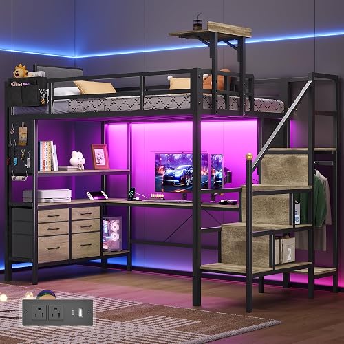 Dnxao Twin Loft Bed with L-Shaped Desk and 6 Storage Drawers, Oak Gray | Loft Bed Twin Size with LED Lights and Charging Station, Metal Loft Bed Frame with 12.6" Safety Guardrail & Ladders for Teens