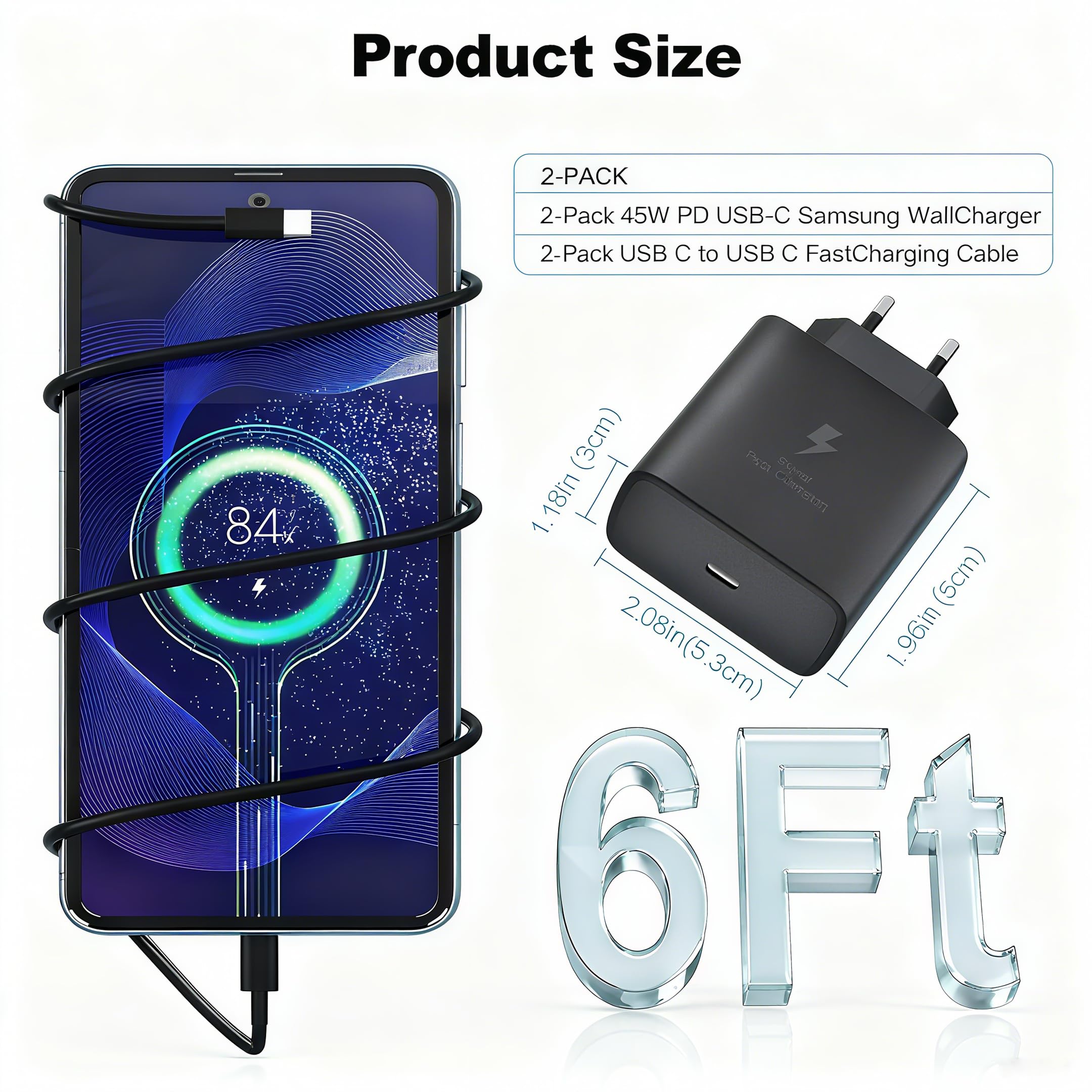 45W USB C Superszybka ładowarka kompatybilna z Samsung Galaxy S25 Ultra/S25+/S25/S24 Ultra/S24+/S24/S23 Ultra/S22/S21/A16/A15/A25/A06, Z Fold 6/Flip 6, wtyczka USB typu C z kablem C do C
