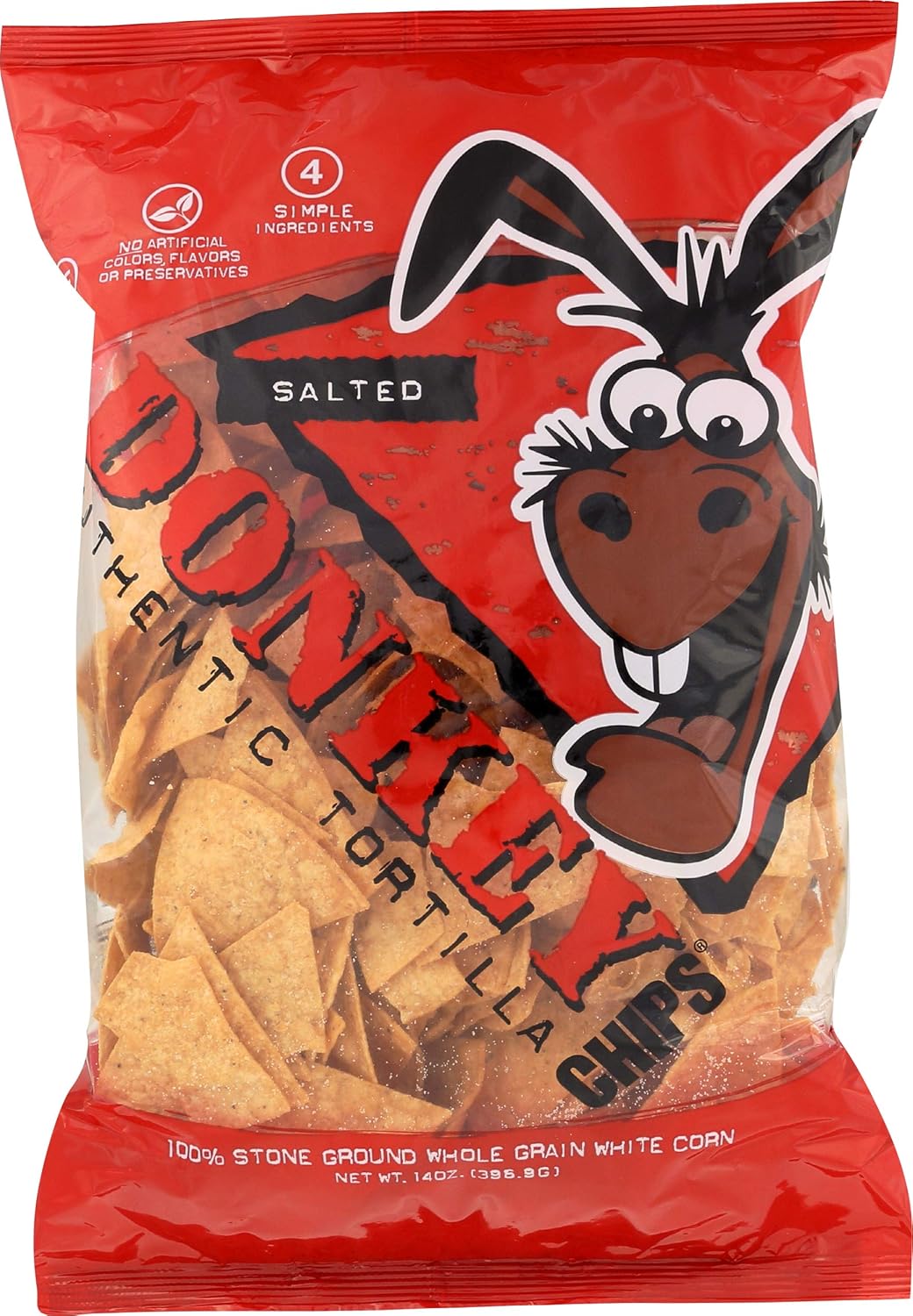 Donkey Chips Authentic Salted Tortilla Chips, 14 Oz - Stone Ground White Corn, All-Natural, Gluten-Free Snack
