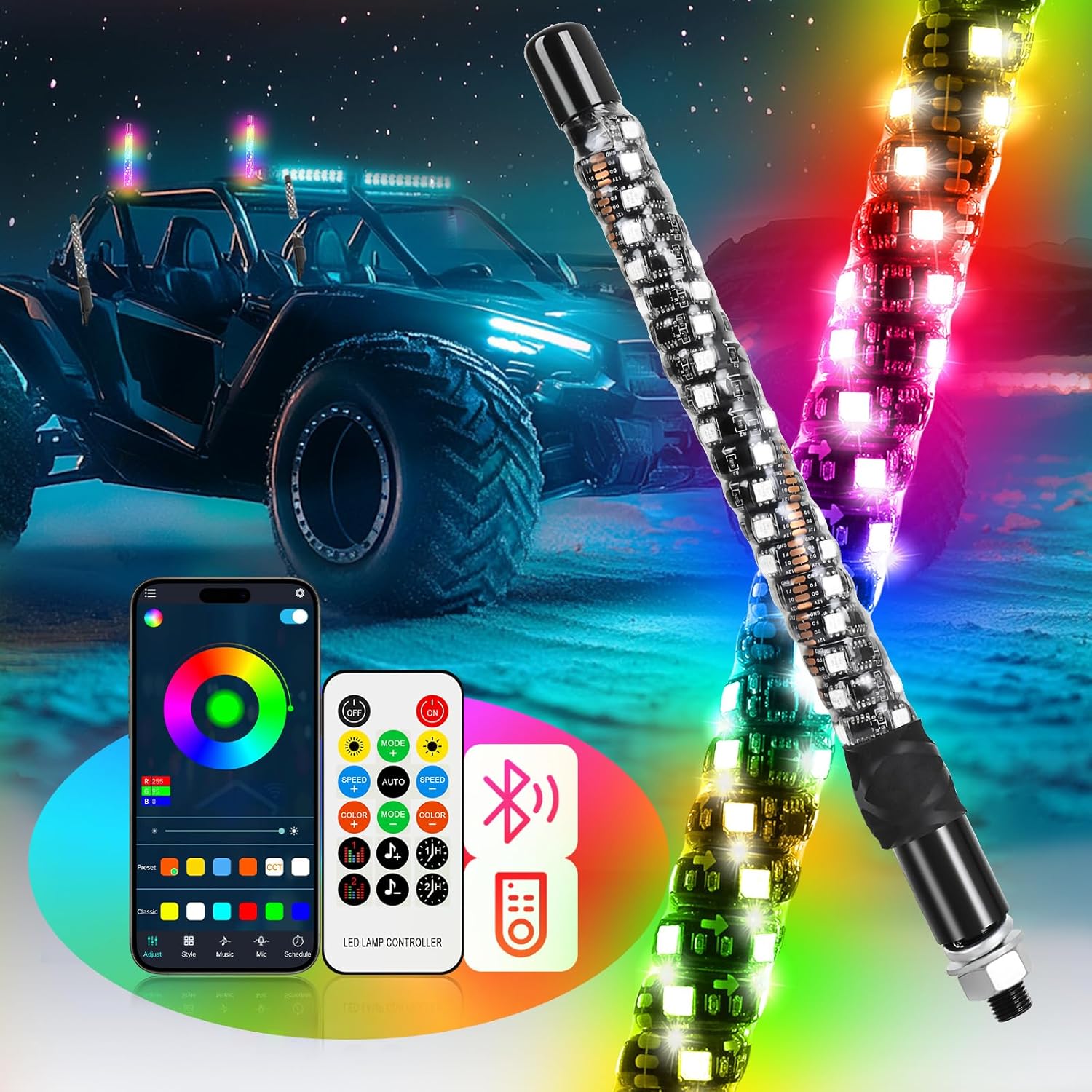 2PCS 1FT Whip Lights for UTV ATV with Spring Base, App&Remote Control Waterproof IP68 Spiral RGB LED Chasing Light Antenna Pole Stick for RZR Can-Am (2PCS-1FT-2 Without Quick Insert)