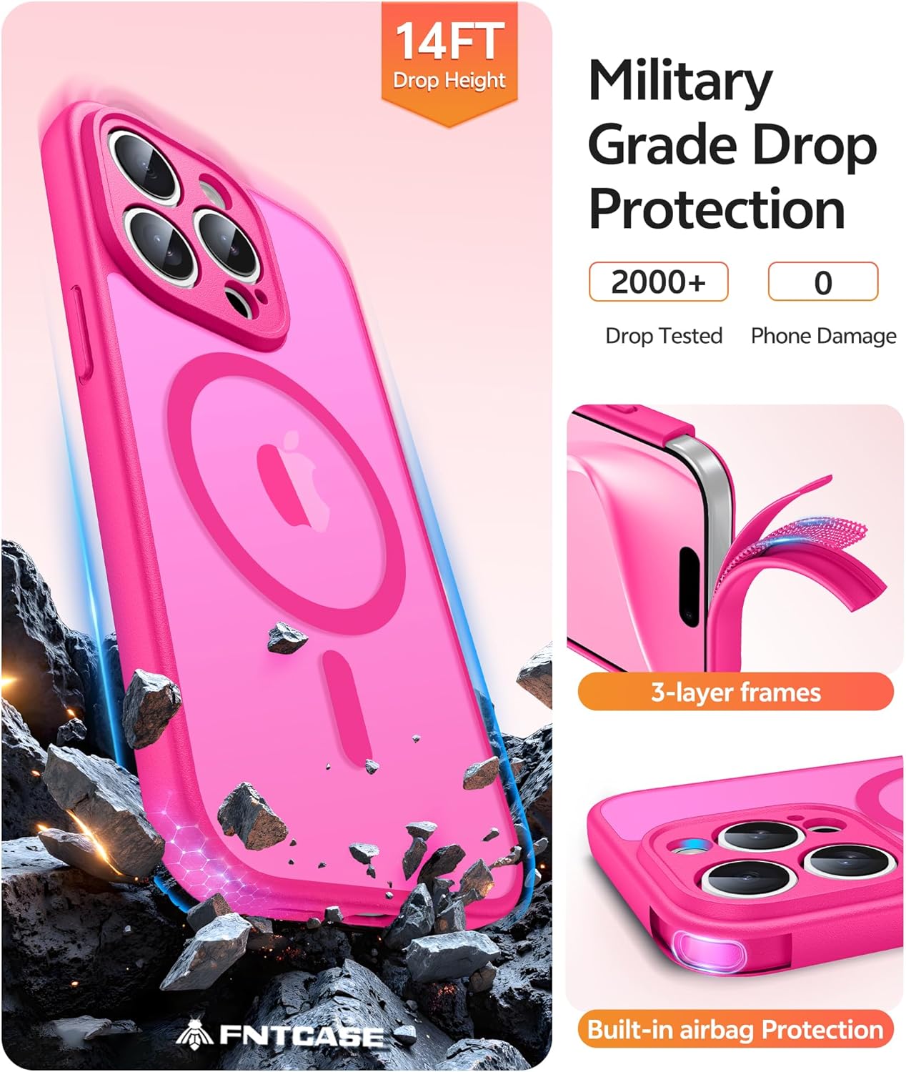 FNTCASE for iPhone 15 Pro Max Case: [Compatible with Magsafe] Translucent Matte Cases with [Full Camera Protection] [Screen Protector] Military Grade Shockproof Protective Phone Cover - Hot Pink - Image 5