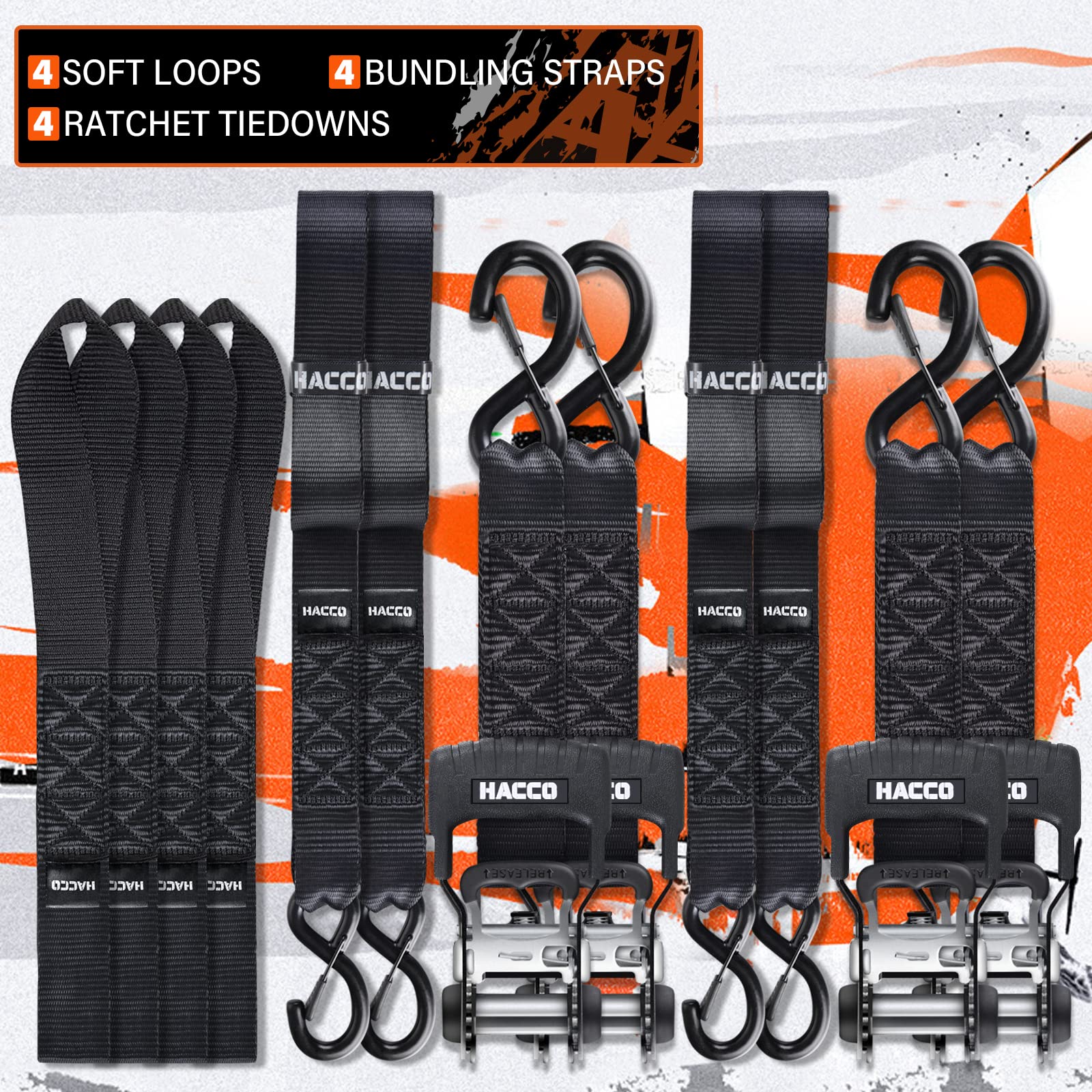 Haccoplanet Correas de trinquete de 16 pies resistentes, resistencia de rotura de 5500 libras, 4 unidades de correas de amarre de trinquete resistentes de 1.6 pulgadas con mango acolchado, gancho en S