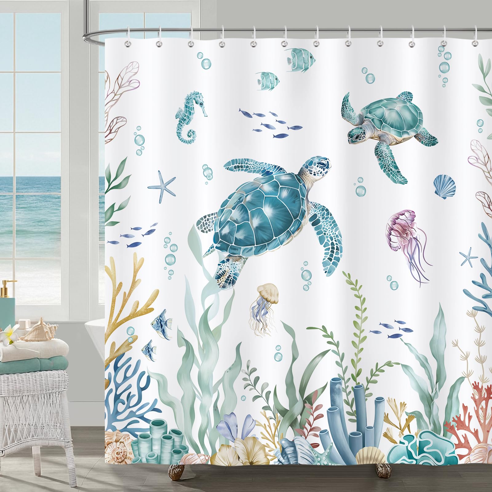 Bonhause Cortina de Ducha Tortuga Marina Náutico Costera Océano Cortina de Baño de Poliéster Impermeable Antimoho Lavable Cortina Ducha 180 x 180 cm con 12 Ganchos — view 9