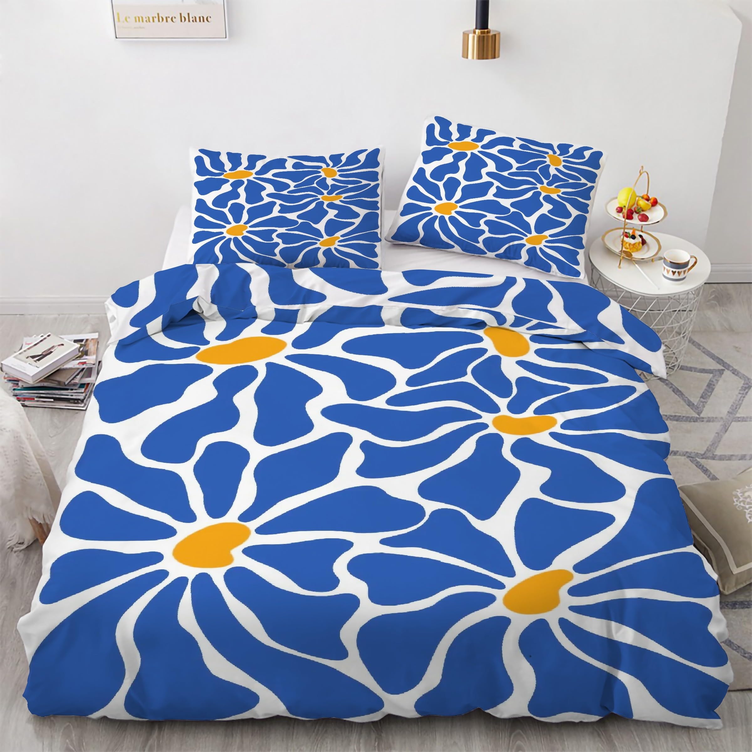 Housse de couette 200x200 fleurs parure de lit bleu infroissable facile à laver