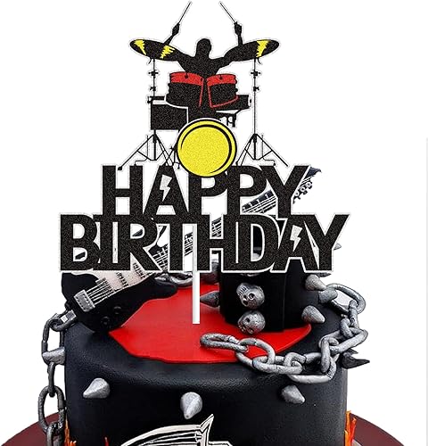 Kit de batería para decoración de pastel de cumpleaños, notas musicales negras con purpurina musical, decoración de pasteles, reproductor de música,