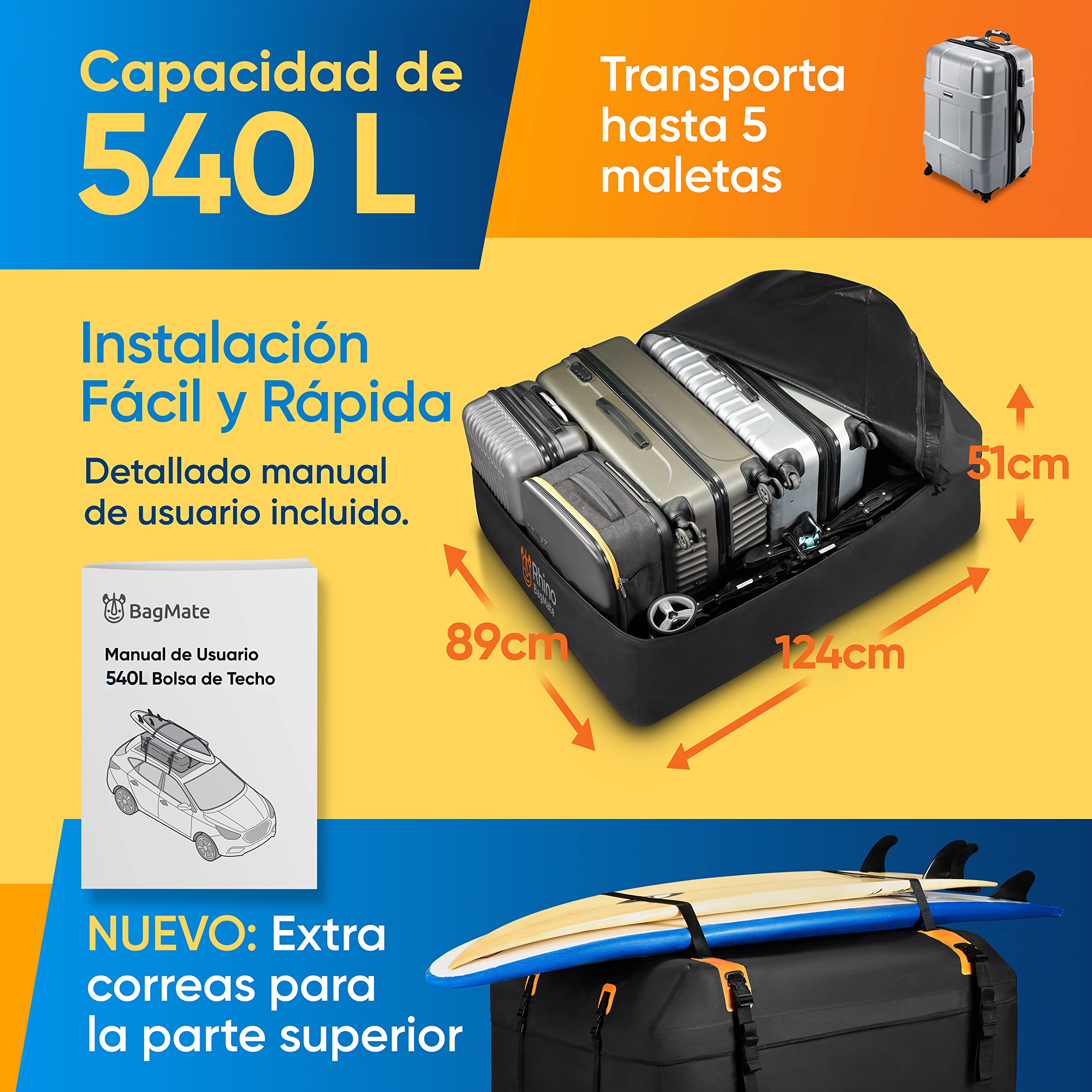 Rhino Bagmate Bolsa De Techo XL 540L (19 Pies Cúbicos). Protección UV 100% Impermeable. Cofre Techo Coche Extremadamente Duradero para Todos Los Coches con Techo