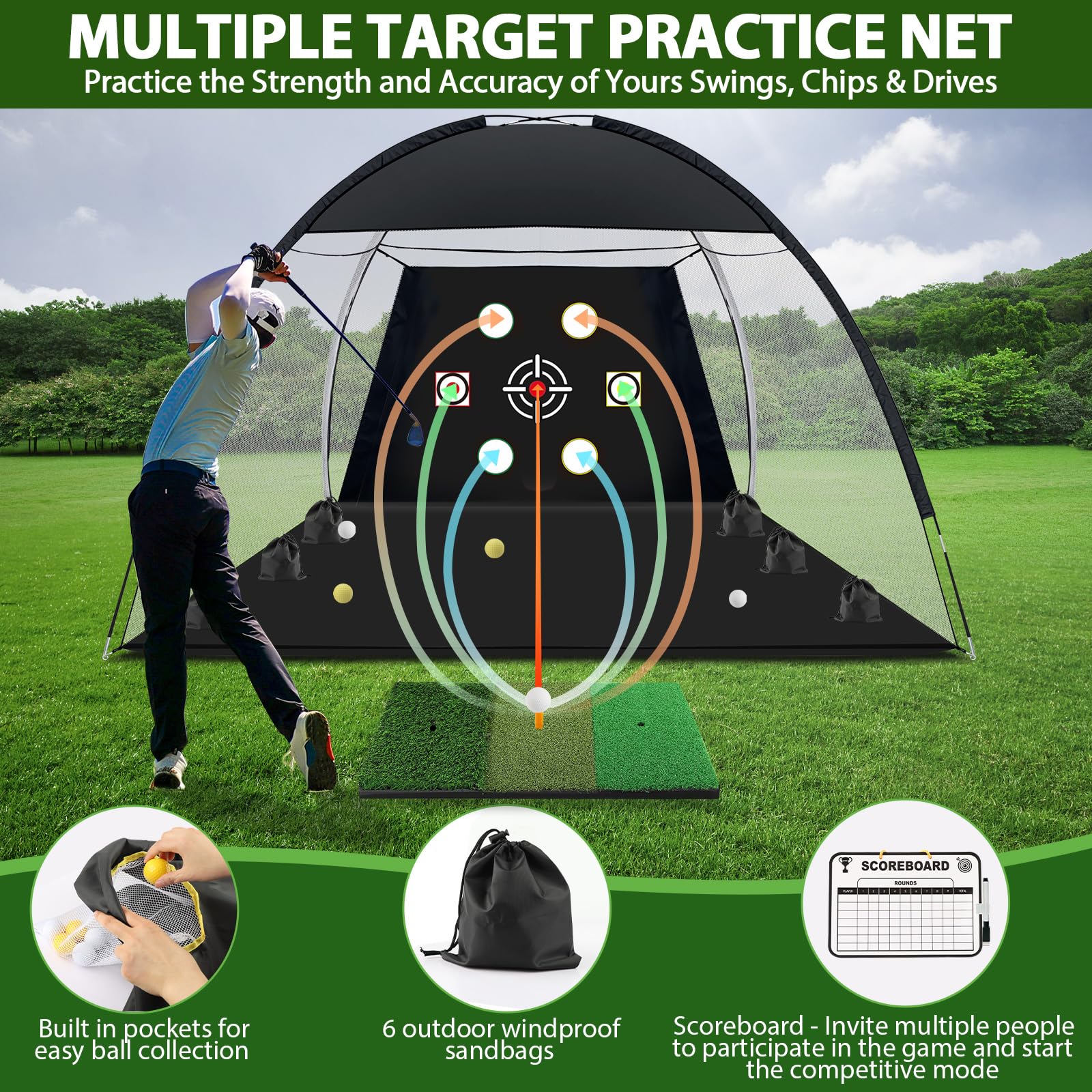 Golf-Netz, 3 x 2,1 m, Übungsnetz mit Tri-Rasen-Golfmatte, Ball, Tee, Tasche, All-in-One-Multziel-Schlaghilfe-Netz, Outdoor-Chipping-Trainingsnetze für Hinterhof, Geschenk für golf