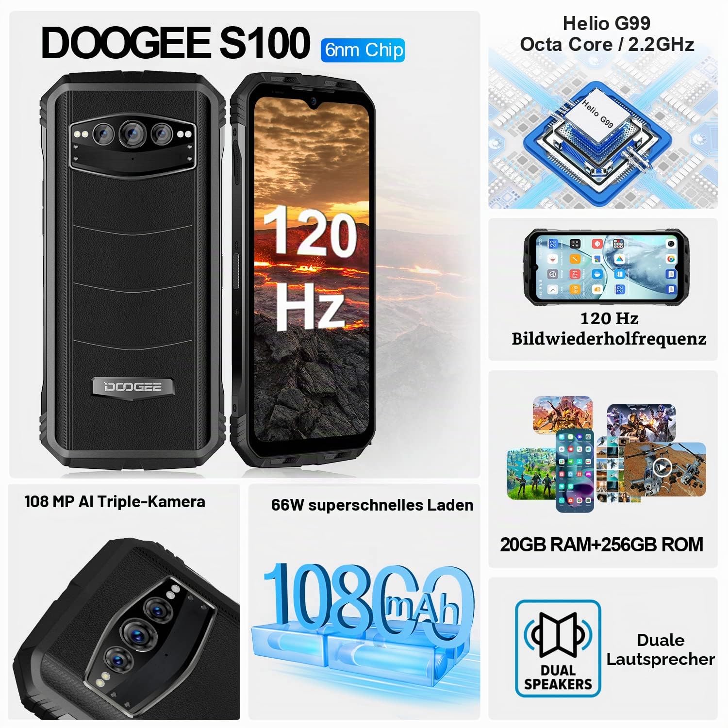 S100 Handy ohne Vertrag, 20GB+256GB / 2TB Helio G99, 120Hz 6, 58'' FHD+ Smartphone, 108MP+20MP Nachtsicht Kamera, 10800mAh Akku, 66W Schnellladung, IP68 Dual SIM Android 12 NFC, Schwarz