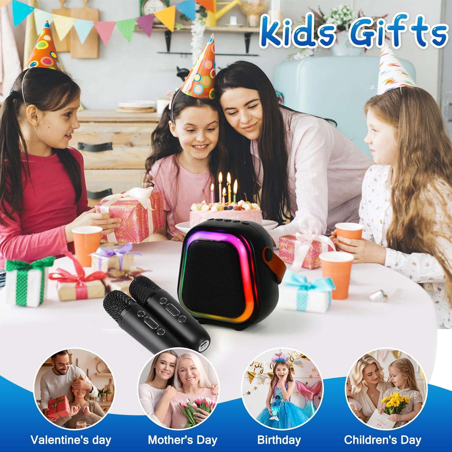 K269 Mini Karaoke Speaker with LED Lights, Portable Bluetooth Entertainment System with 2 Microphones, Dynamic Color-Changing Effects for Kids (Black+2 Mic) - Image 2