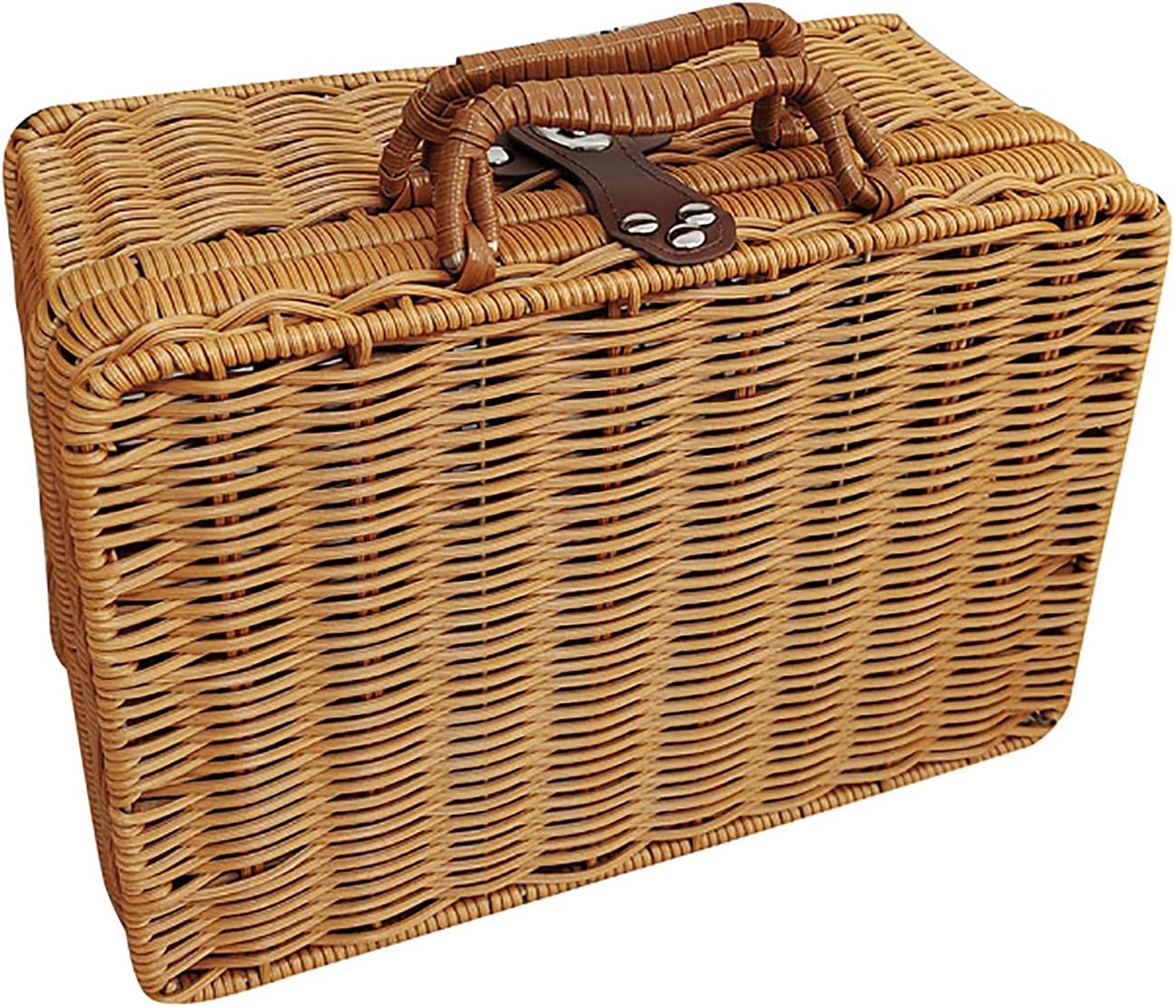 CDQL Retro Plastic Wicker Suitcase,Rattan Suitcase Box with Leather Strap Lock,Wicker Picnic Basket Storage Box,Suitcase Basket Rattan Storage Basket for Picnic Outside Party (A3)