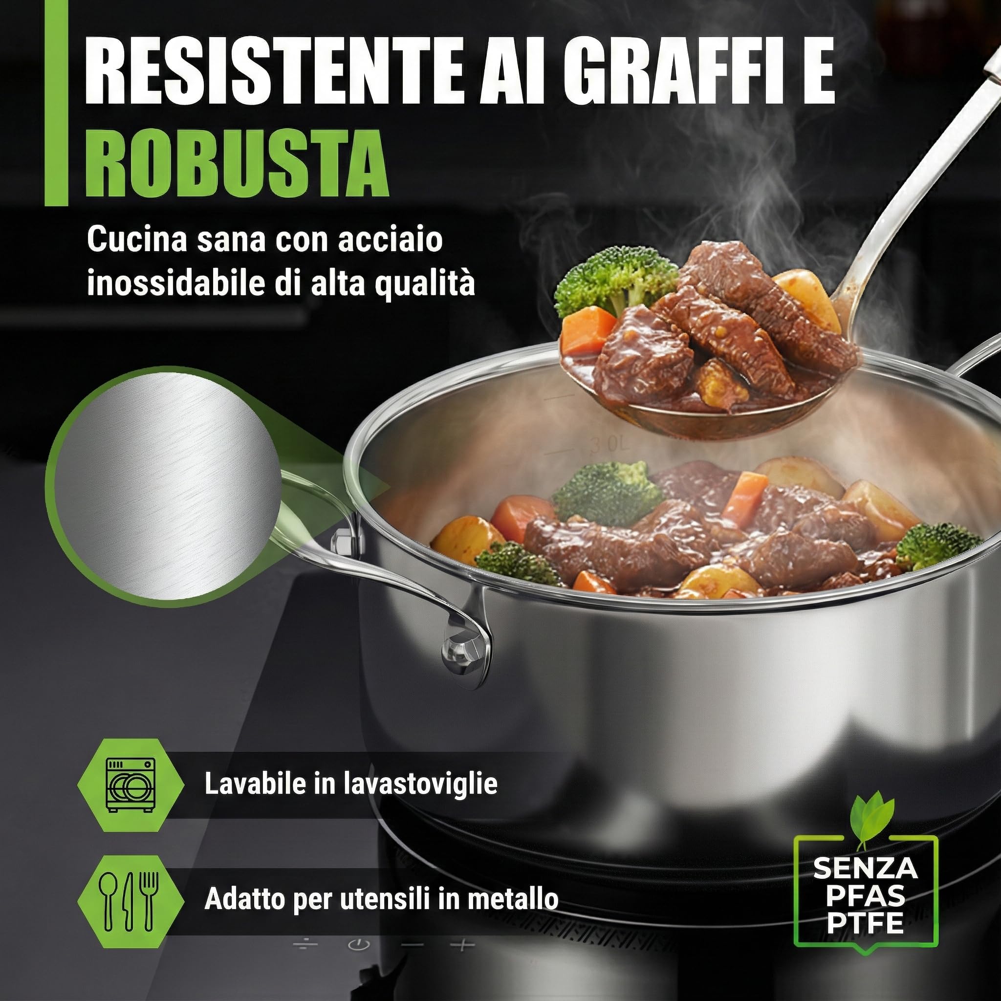 Pentola Ø 20 cm 3 l – 1,8 kg – altezza 10 cm – pentola in acciaio inox a induzione – moderno coperchio piatto in vetro – 5 strati – piccola pentola a risparmio energetico
