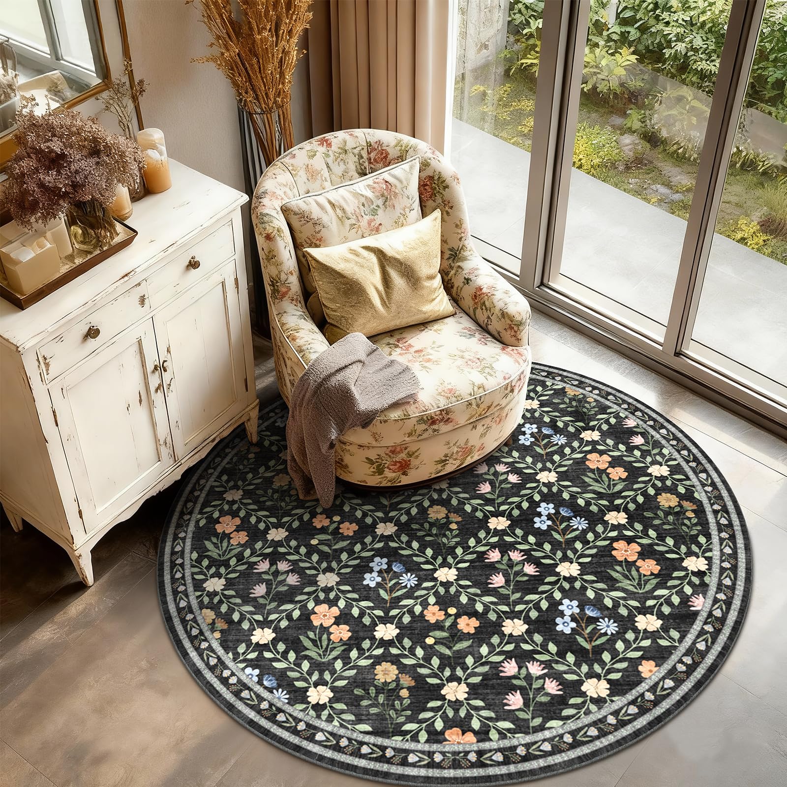 XSIVOD Floral Round Washable Rugs Living room, 160x160cm, Black/Lattice