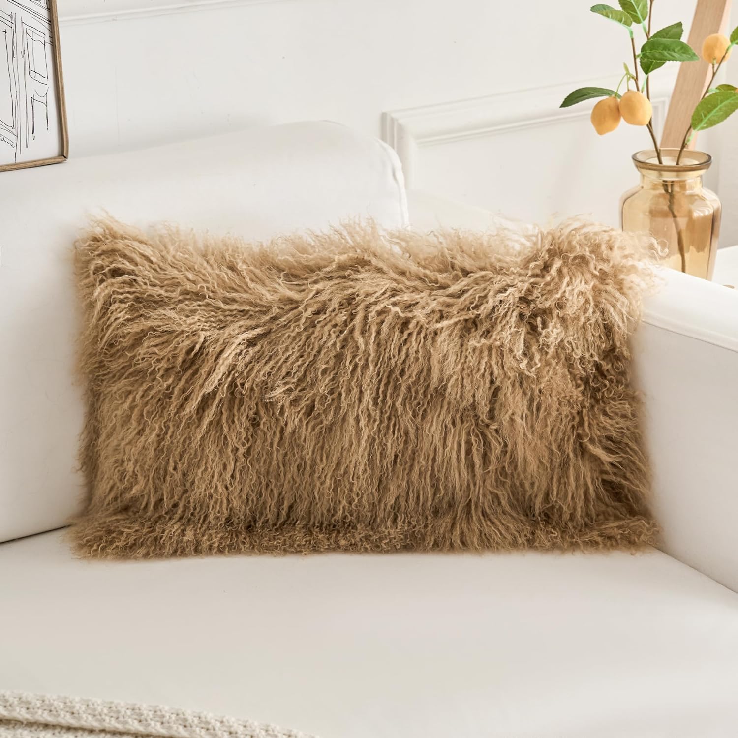 Genuine Mongolian Lamb Fur Pillow Cover – 12"x20" Rectangular Cushion Case – Soft Curly Wool Decorative Accent for Sofa, Bed, or Chair(Dark Beige)