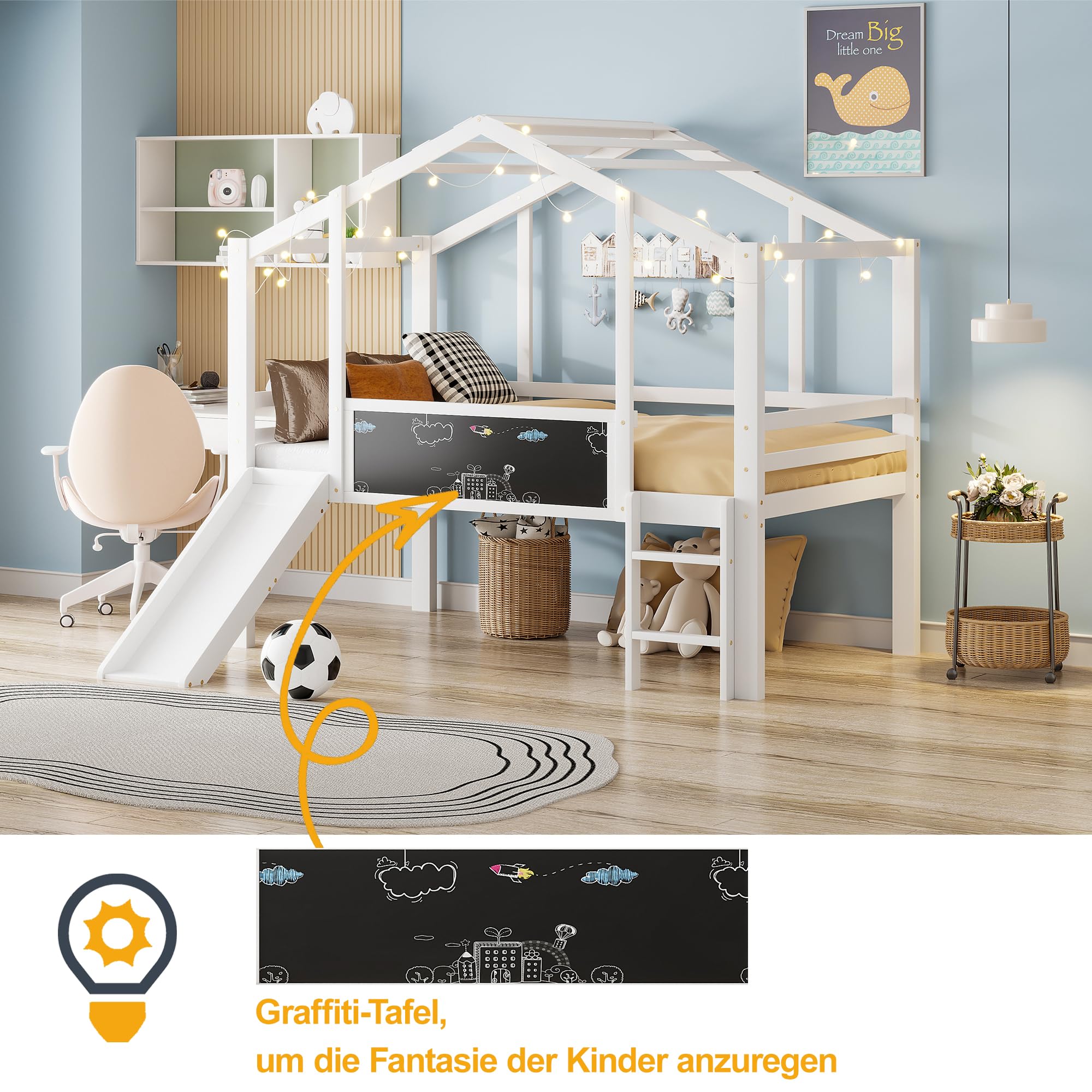 Merax Kinderbett 90×200 cm, Hochbett aus Massivholz, im Haus-Design mit Rutsche, Graffiti-Tafel, Multifunktionsbett, Einzelbett, platzsparendes Spielbett für Kinderzimmer, Weiß (ohne Matratze)