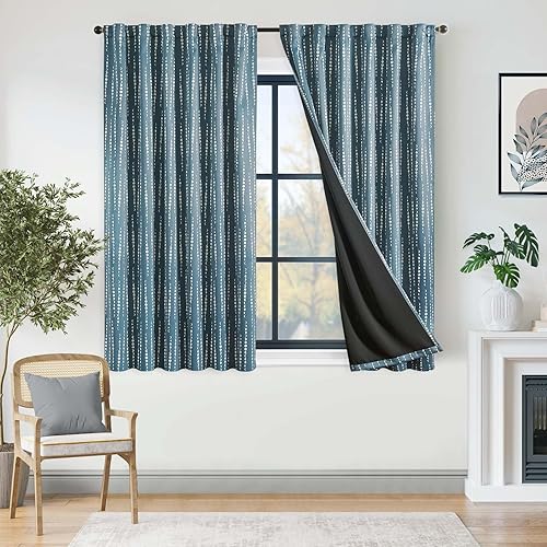 Miniatura 2 de jinchan Cortinas bohemias 100% opacas con estampado de fases lunares de 63 pulgadas de largo, cortinas azules con bolsillo para barra, pestañas