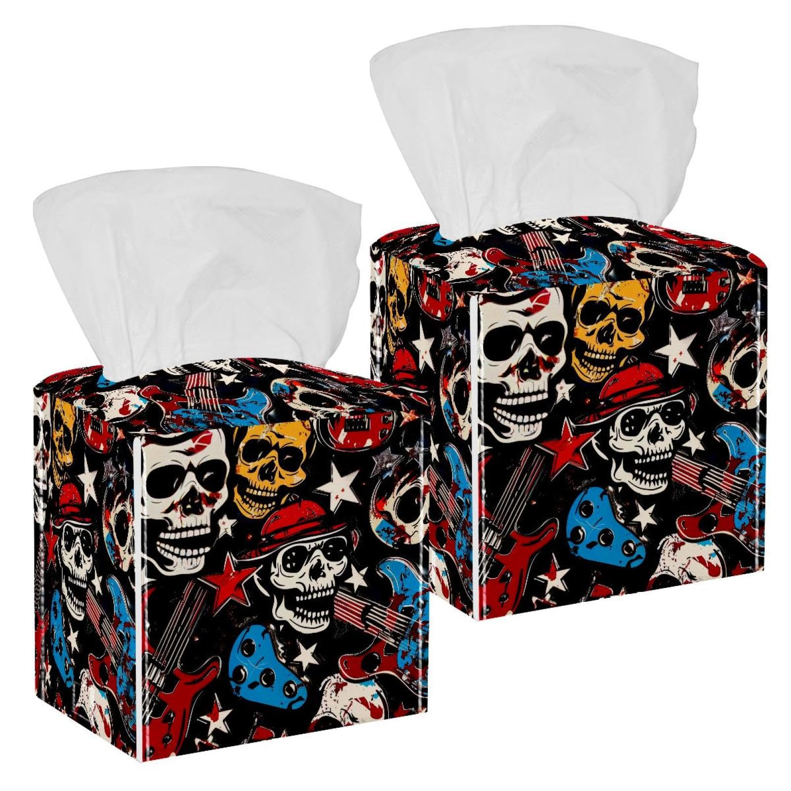 Guitar Tissue Box Cover, 2 Pack PU Leather Square Facial Tissue Dispenser Box holder for Home Office Car
