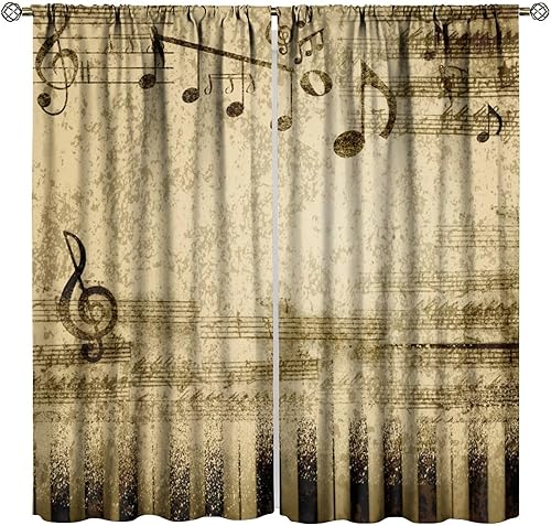 Cortinas de música vintage, diseño retro de los años 60, notas musicales opacas para dormitorio, sala de estar, oficina, cocina, juego de 2 paneles,