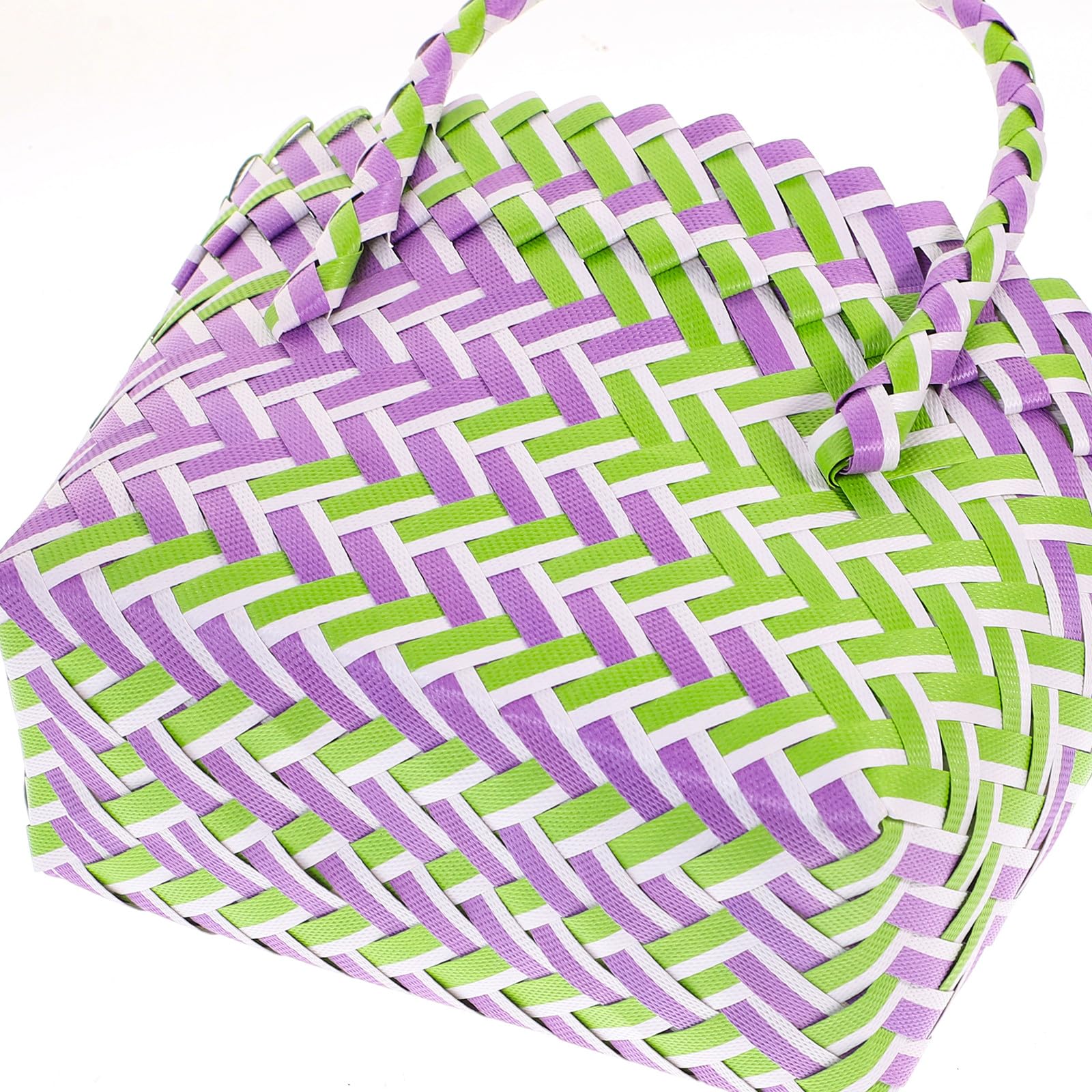 Veemoon Panier Tressé Coloré en Pvc Vert et Violet, Grand Panier de Rangement Portable Poignée, Cuisine, les Fruits, le Pique-niques Voyage, Multifonction pour Maison et Extérieur