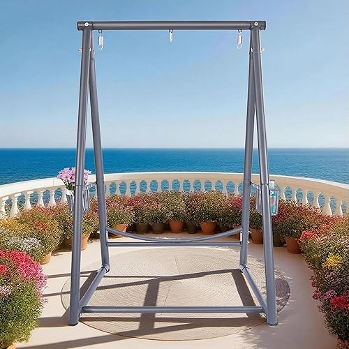 Miniatura 8 de Base reforzada y soporte de hamaca de estructura triangular con 2 cestas de almacenamiento, soporte de columpio con 3 ganchos para la mayoría de