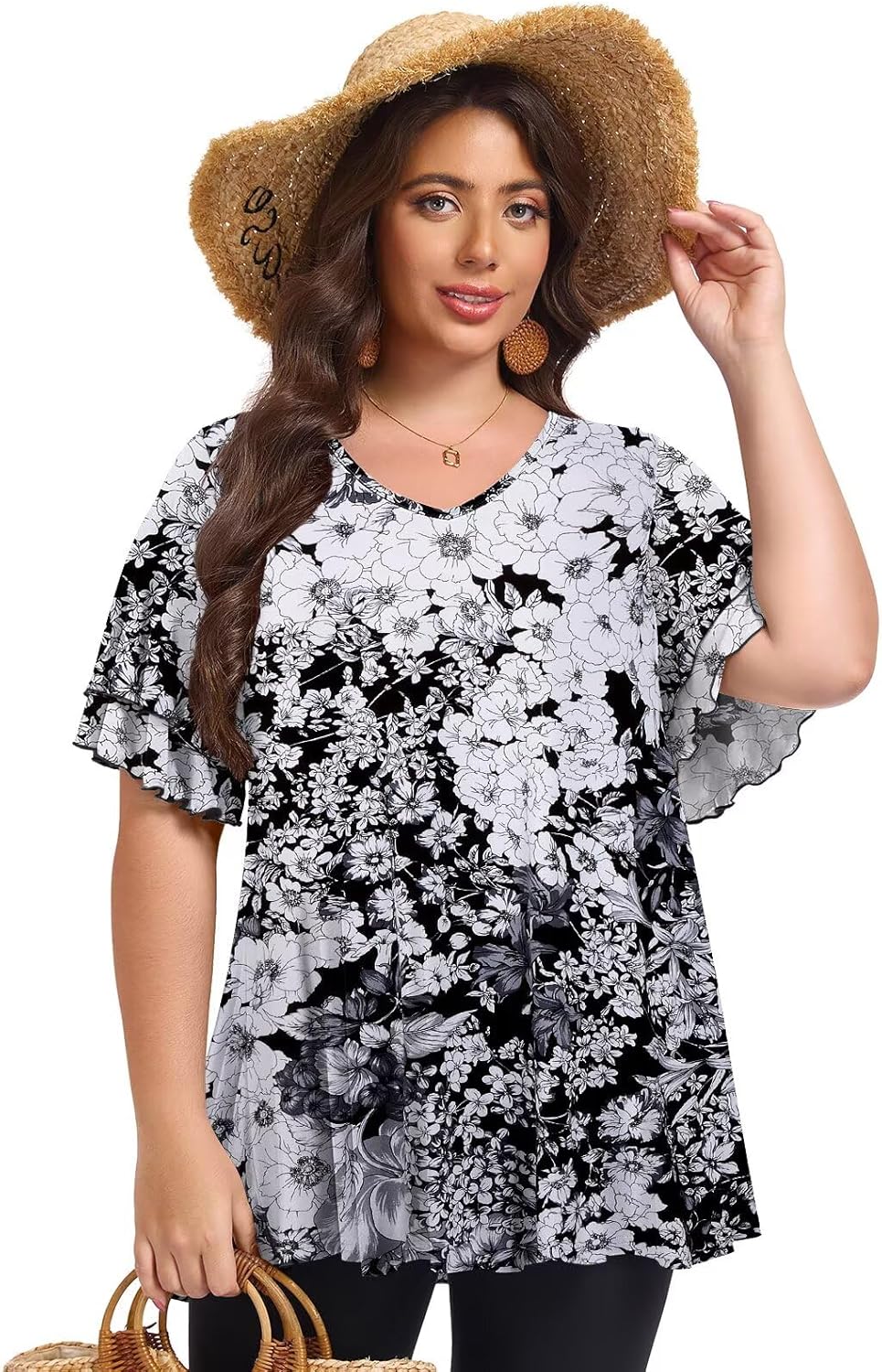 LARACE Plus Size Tops for Women Ruffle Sleeve T Shirt Summer Clothes Short Sleeve V Neck Tunic - Image 3