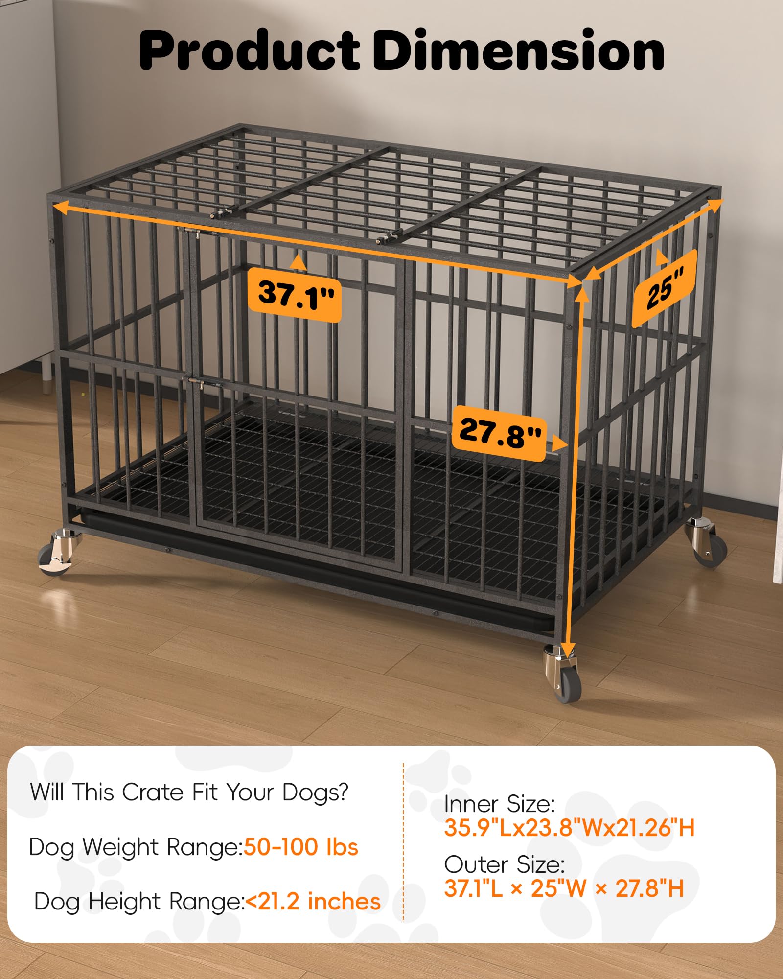 38 in Heavy Duty Dog Crate Steel Escape Proof, Indoor Double Doors and Lockable Wheels,Removable Tray, for Small and Medium Dog Breeds - image 6