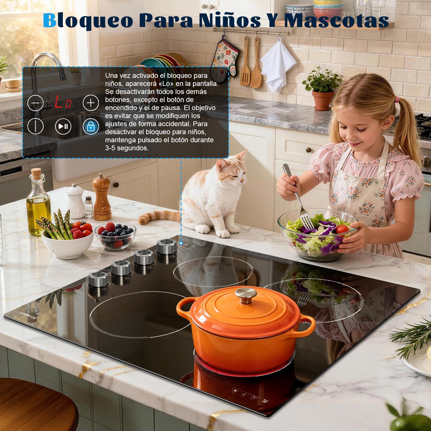 Placa Vitrocerámica de 4 Fuegos, Vitroceramica Empotrada de 60CM, 6000W | Controles táctiles y Perillas, con Bloqueo de Seguridad, Temporizador, Función de Pausa
