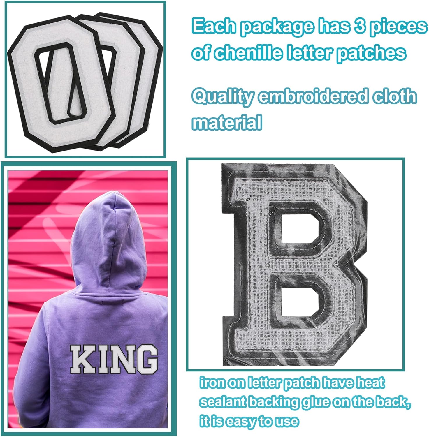 GYGYL 3PCS Chenille Varsity Letters Patch, Iron on Large Size Letter Patches for Team Costume Decoration, Height 4-1/2In, Black Edge Letter P - Image 3