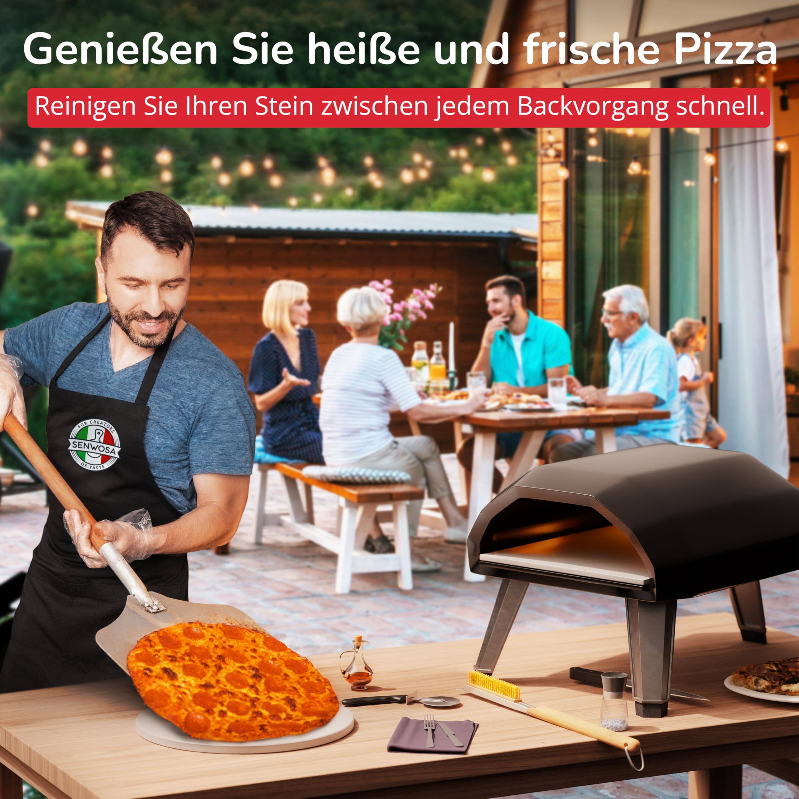 Senwosa Pizzaofen Bürste 66 cm mit Pizzastein-Schaber und zusätzlichem Ersatzkopf - Reiniger und Besen mit Edelstahlborsten, Langer Griff, Zubehör, kompatibel mit vielen Ooni und ähnlichen Pizzaöfen