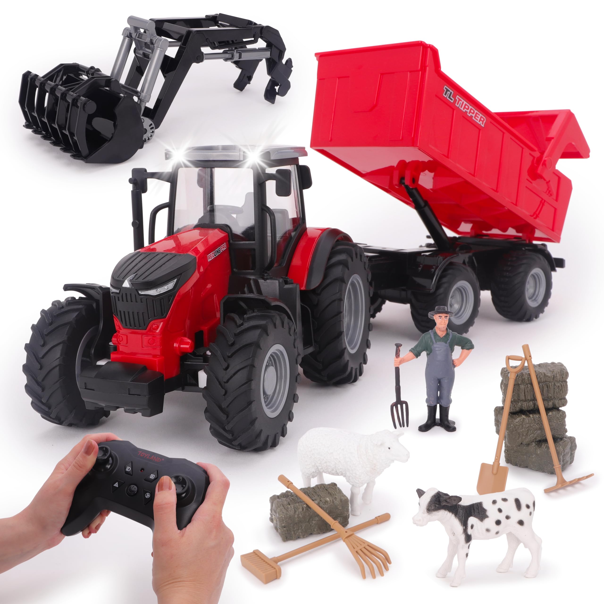 Toyland® 1:24 Trattore radiocomandato rosso in scala caricatore frontale, rimorchio motorizzato e accessori, set di gioco con luci e ricarica USB - Batteria ricaricabile inclusa - Veicolo da fattoria