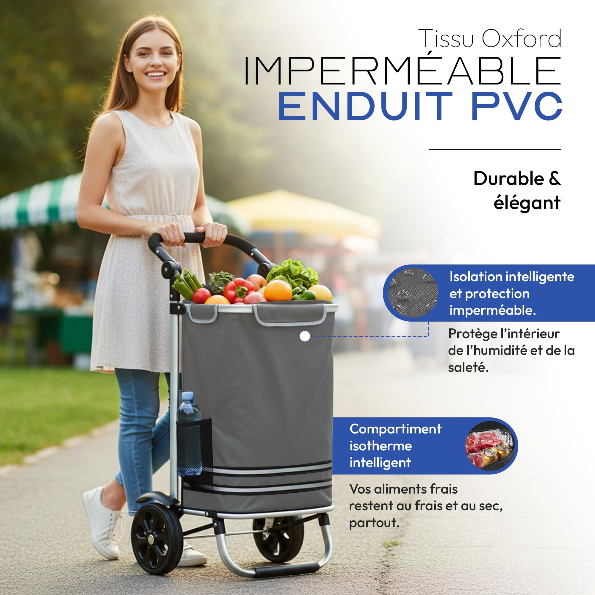 Dimono® Chariot de Courses Pliable 56 L avec Compartiment Isotherme | Trolley 3 en 1 amovible - caddie à roulettes imperméable - sac isotherme intégré - 30 kg