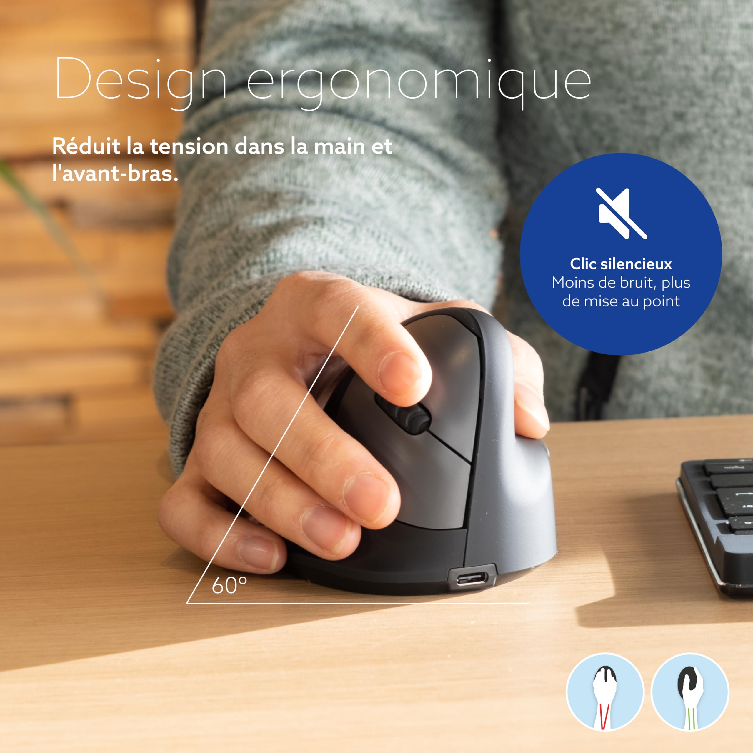 R-Go HE Break Souris Ergonomique sans Fil, pour Petite Main, Bluetooth 5.0, Clic Silencieux, avec Logiciel Anti-Tendinite, Souris Verticale Rechargeable, 2400 DPI réglable et 5 Boutons, Noir