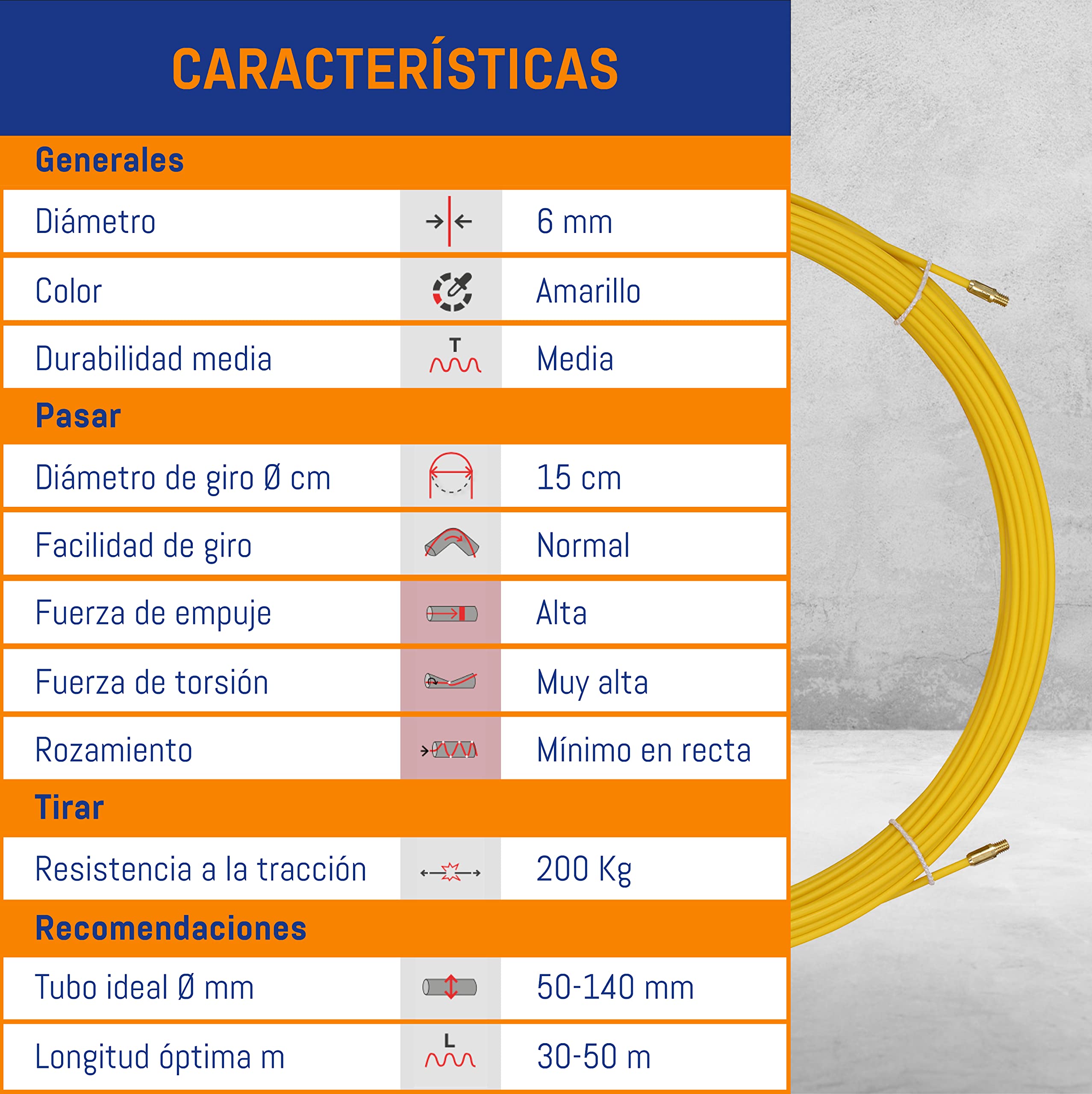 Anguila Guía Pasacables Semiindustrial Fibra Vidrio Amarillo ⌀6mm 50m | Rígida, sin efecto memoria y gran fuerza de empuje en recto; terminales intercambiables; incluye 3 accesorios