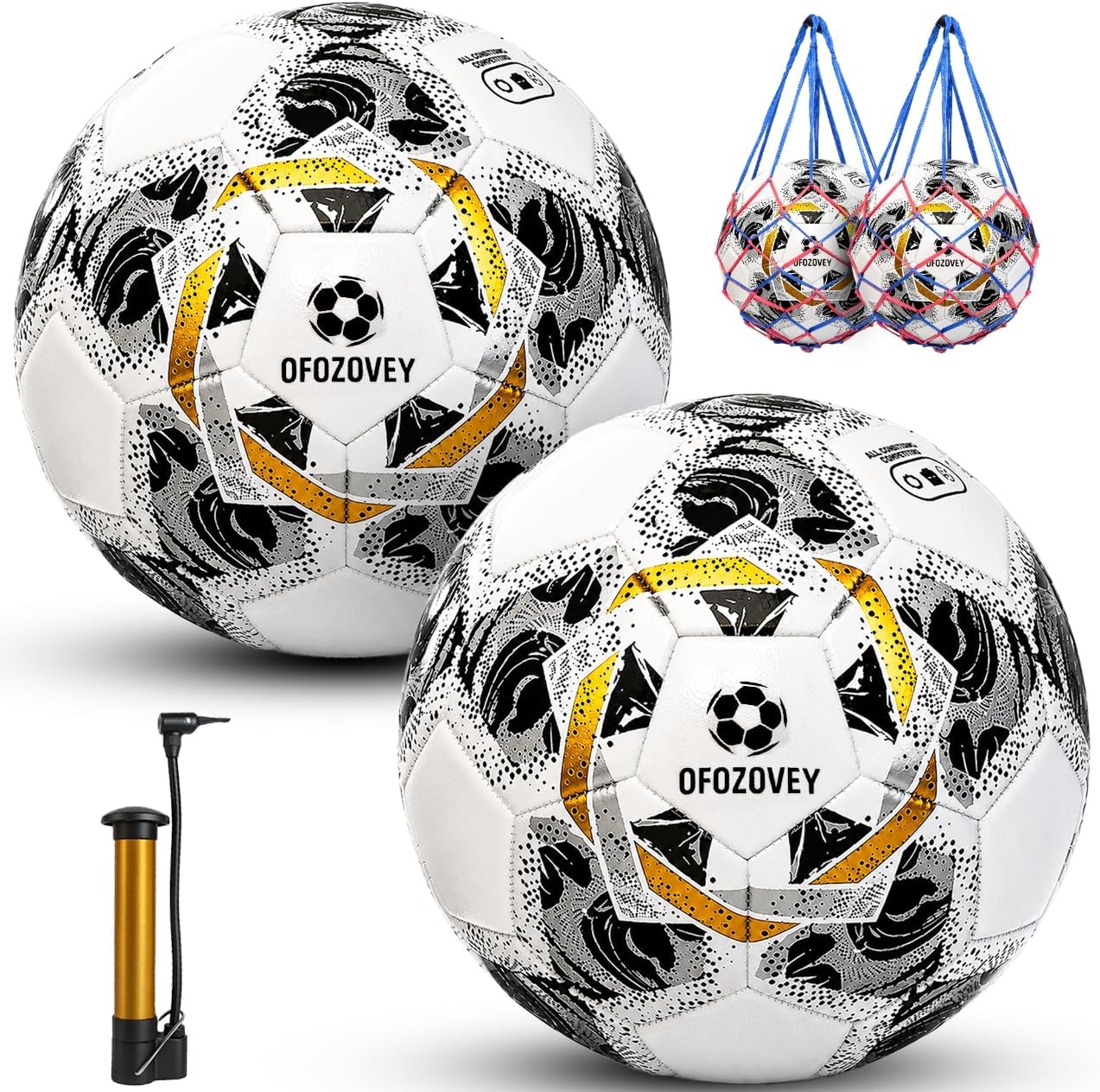 Soccer Ball Size 5,Official Match Soccer Ball 2-Pack Set with Pump | Soccer Ball Set with 2 Mesh Bags, 1 Pump & 2 Needles,Soccer Ball for Kids and Youth,Yarn-Wrapped Inner, Three-Layer Materials