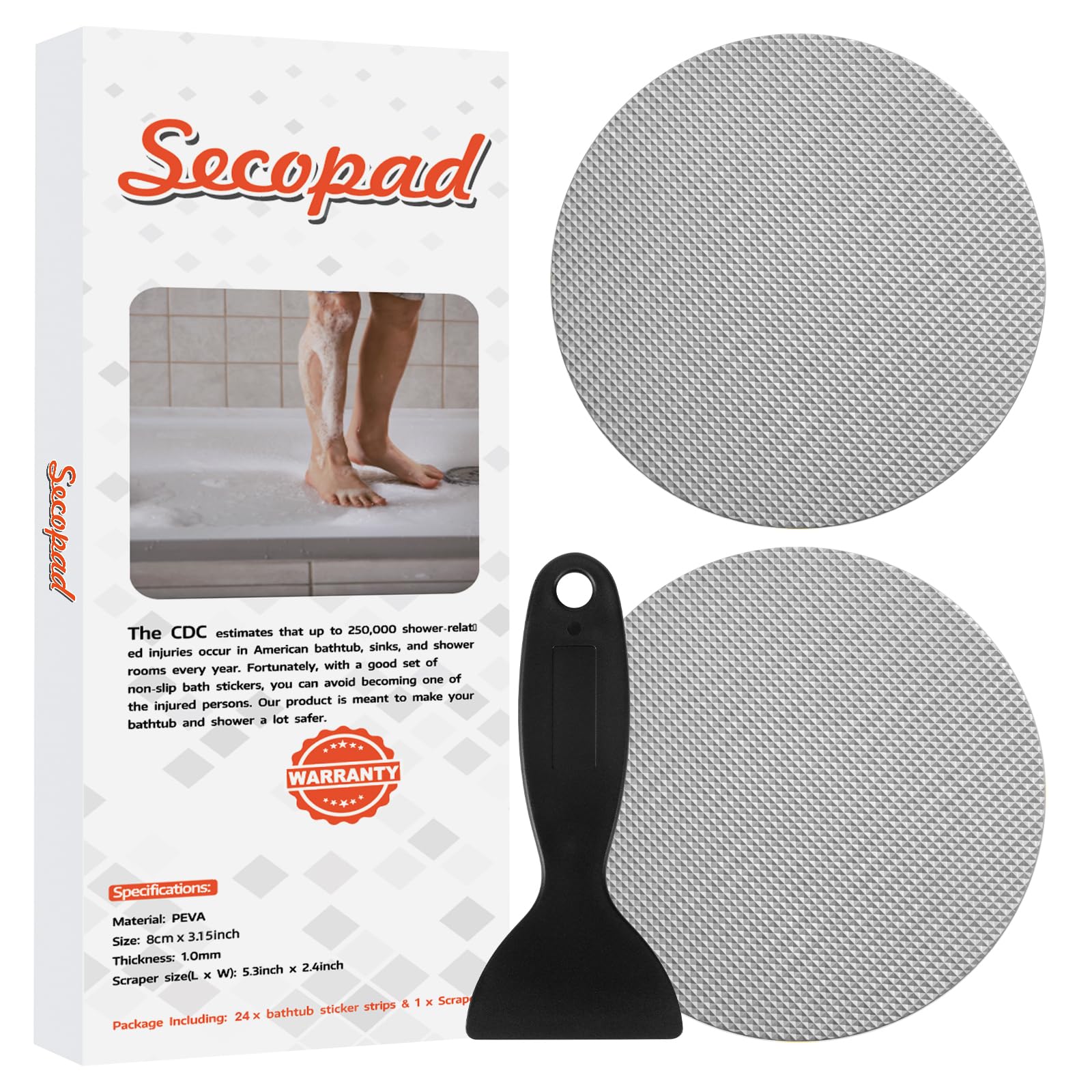 Secopad Original Bathtub Non-Slip Stickers for Tub & Shower Floor, Strong Anti-Slip Shower Stickers with Scraper Ideal for Families with Kids, Adults