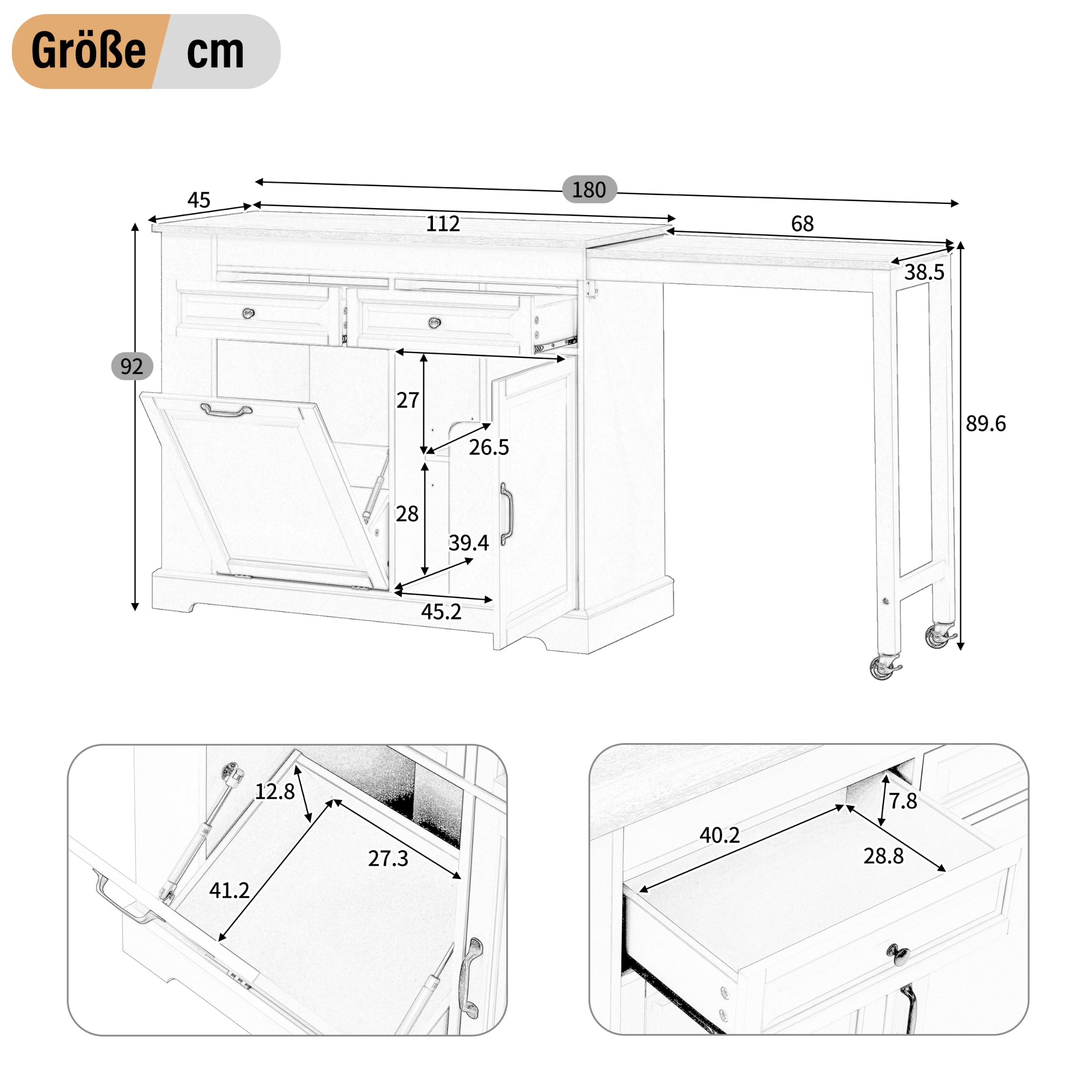 Isola da cucina su ruote, sala da pranzo estensibile con scomparto pattumiera e cassetti, isola mobile da cucina autoportante, ideale per cucina e sala da pranzo, bianco + naturale