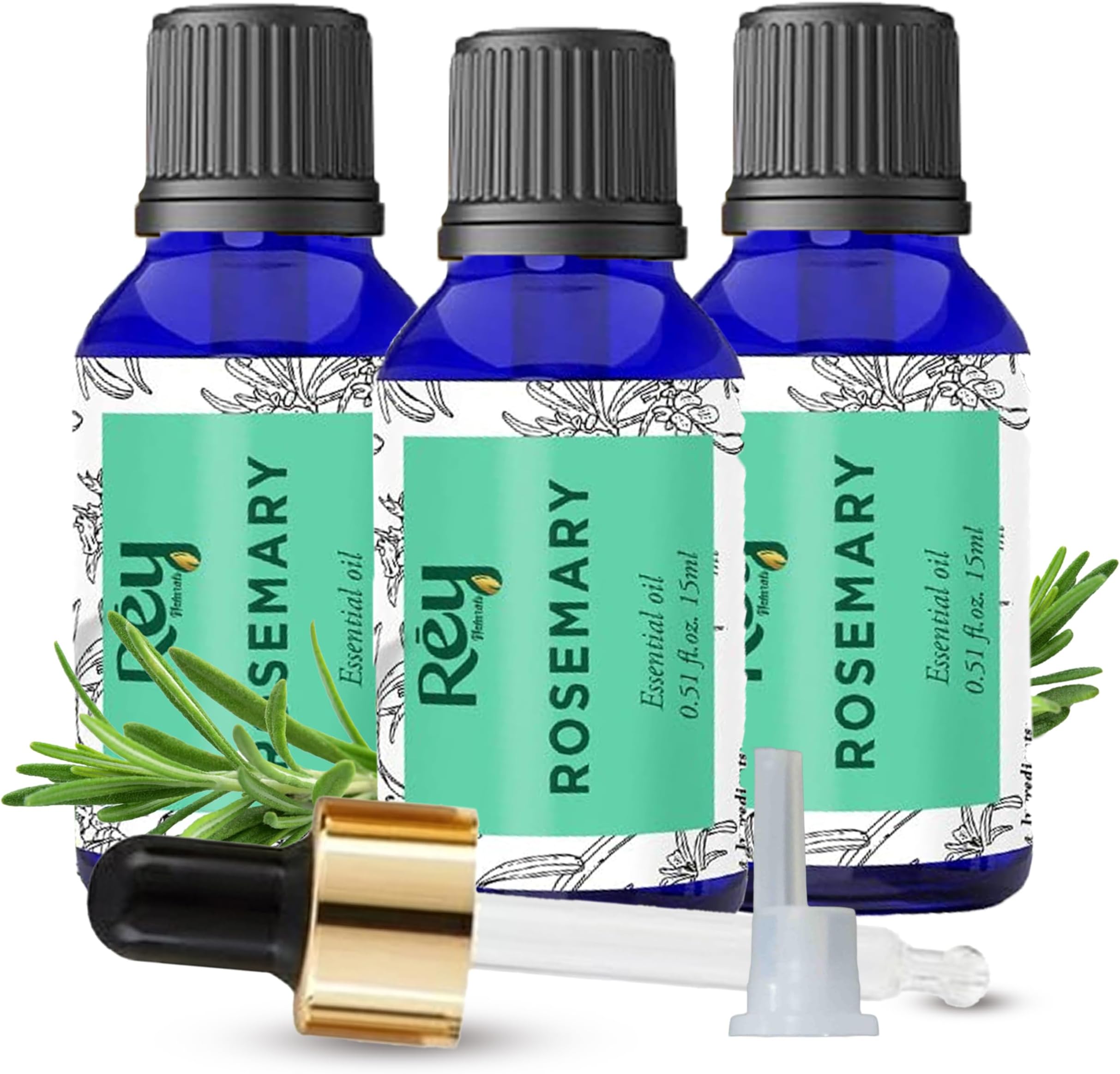 Rey Naturals Rosemary Essential Oil | Rosemary Oil for Hair Growth | Good For Skin, Body and Shiny Soft Hair | Pure & Non Greasy | Hair Fall Control & Hair Growth Oil For Women & Men - 15ml pack of 3