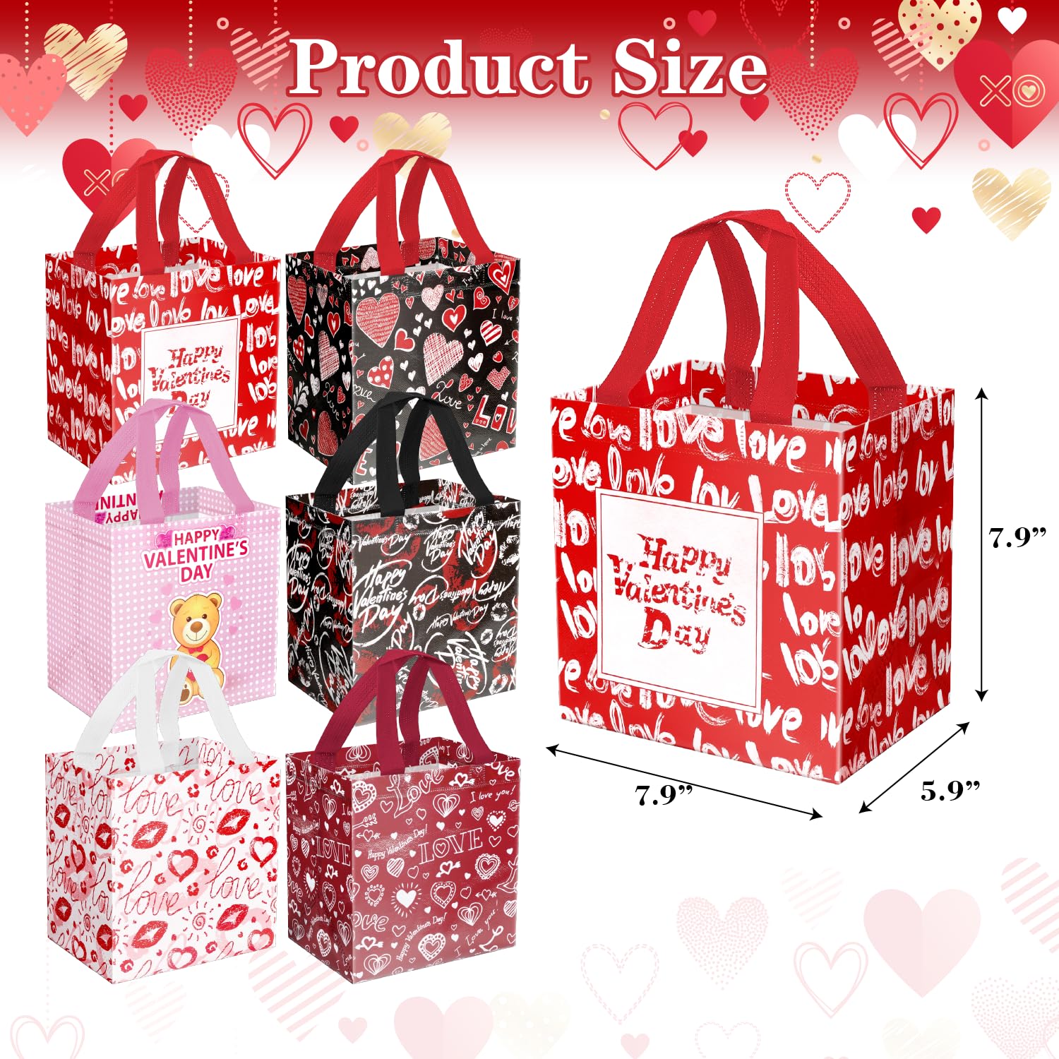 JWSCYSY 12Pack Happy Valentine's Day Reusable Tote Bags, Non-Woven Valentines Gift Bags with Handles for Valentine Party Favor, Gift Wrapping.