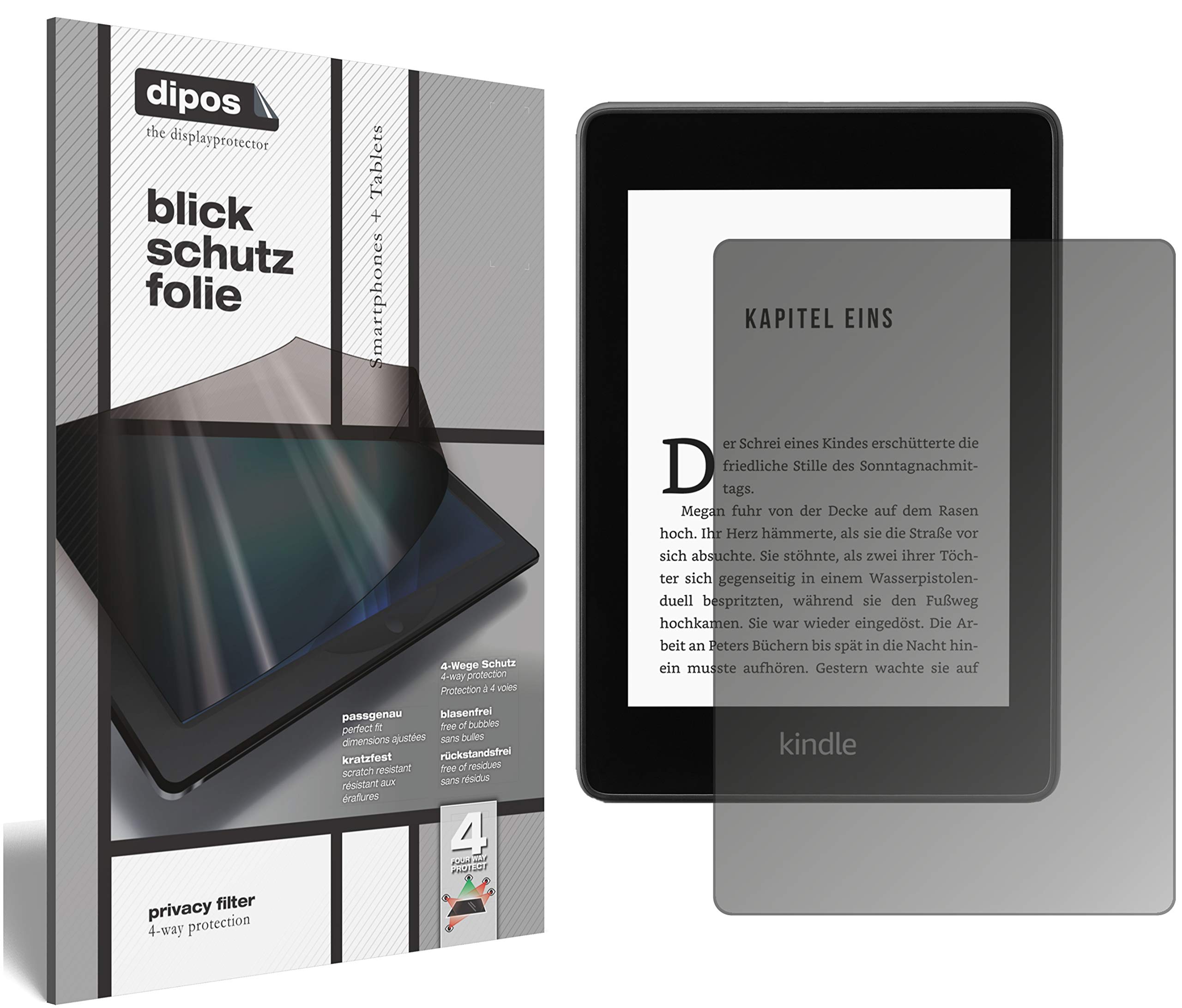 dipos Blickschutzfolie für Amazon Kindle Paperwhite (2018) | Displayschutz matt mit 4-Wege Sichtschutz-Effekt, Privacy Filter, passt perfekt, kratzfest, blasenfrei, selbstklebend