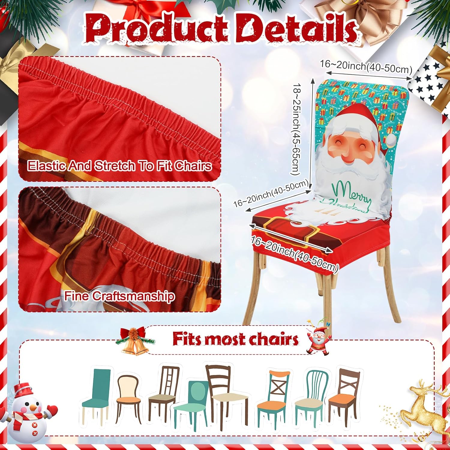 7 Pcs Christmas Tablecloth and Chair Covers Set Stretchable Washable Red Santa Holiday Table Cover and Seat Protector Slipcovers for Xmas Dining Room Kitchen Party(Rectangle,55 x 80 Inch)