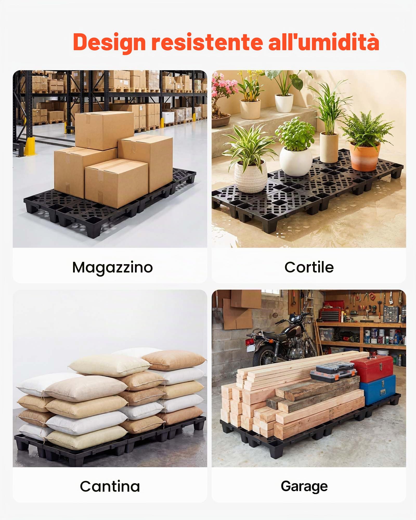 VEVOR Pallet in Plastica, Set da 6 Pedane ad Incastro Impilabili e Impermeabili, con Griglia Traspirante, per Cantina, Magazzino e Supermercato, Portata Statica 1000 kg/m², 50 x 30,5 x 10 cm, Nero